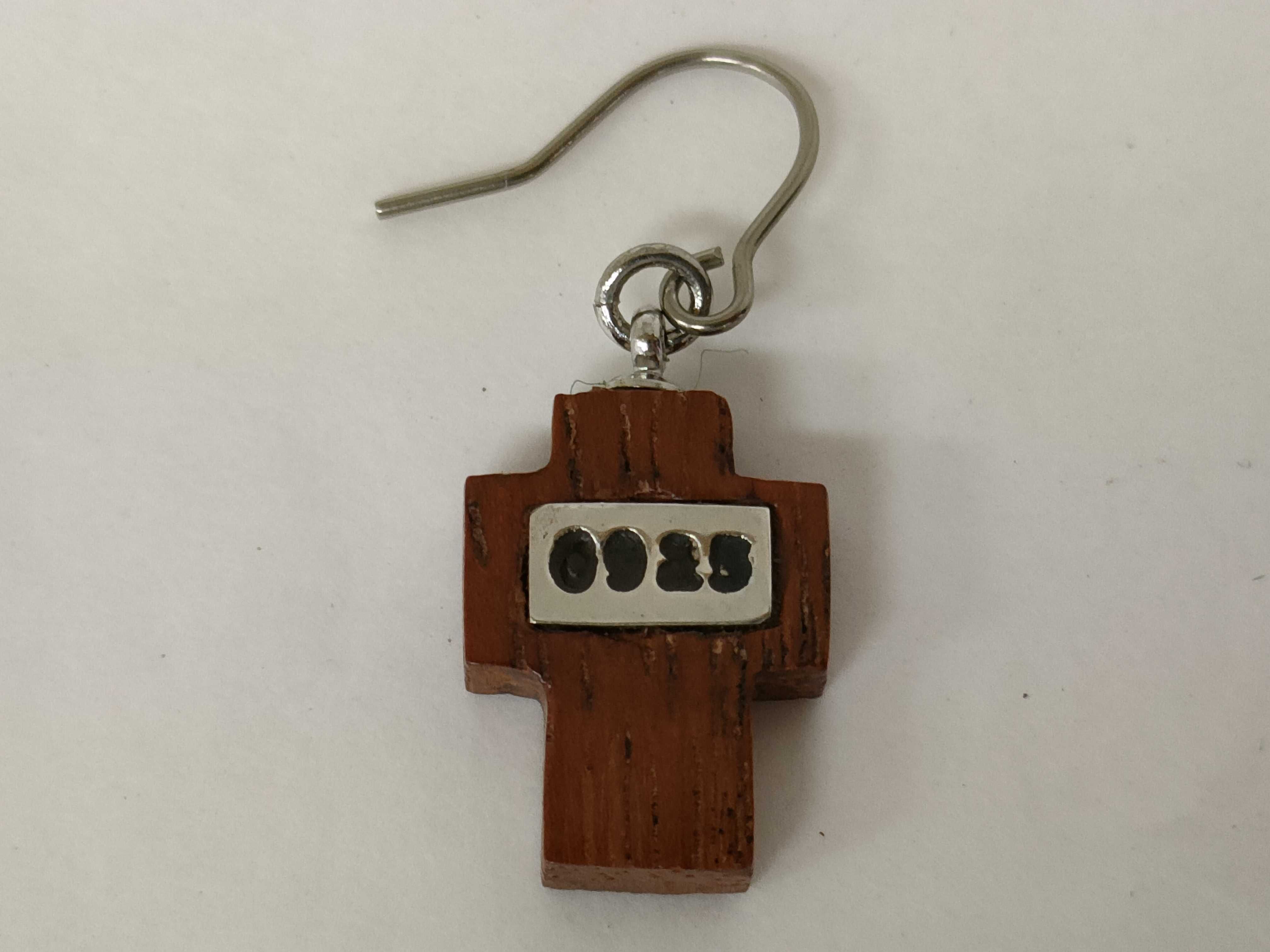 A Pair of Carved Wood Cross Dangle Earrings with Sterling Silver Accents