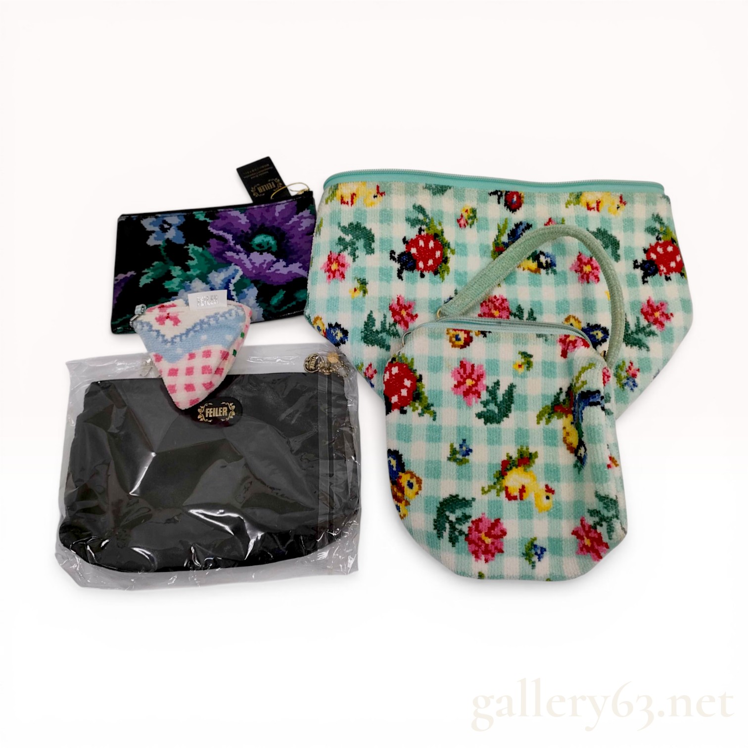 A Collection of 5 Feiler Chenille Accessory Pouches and Bags in Heidi Check and Floral Patterns