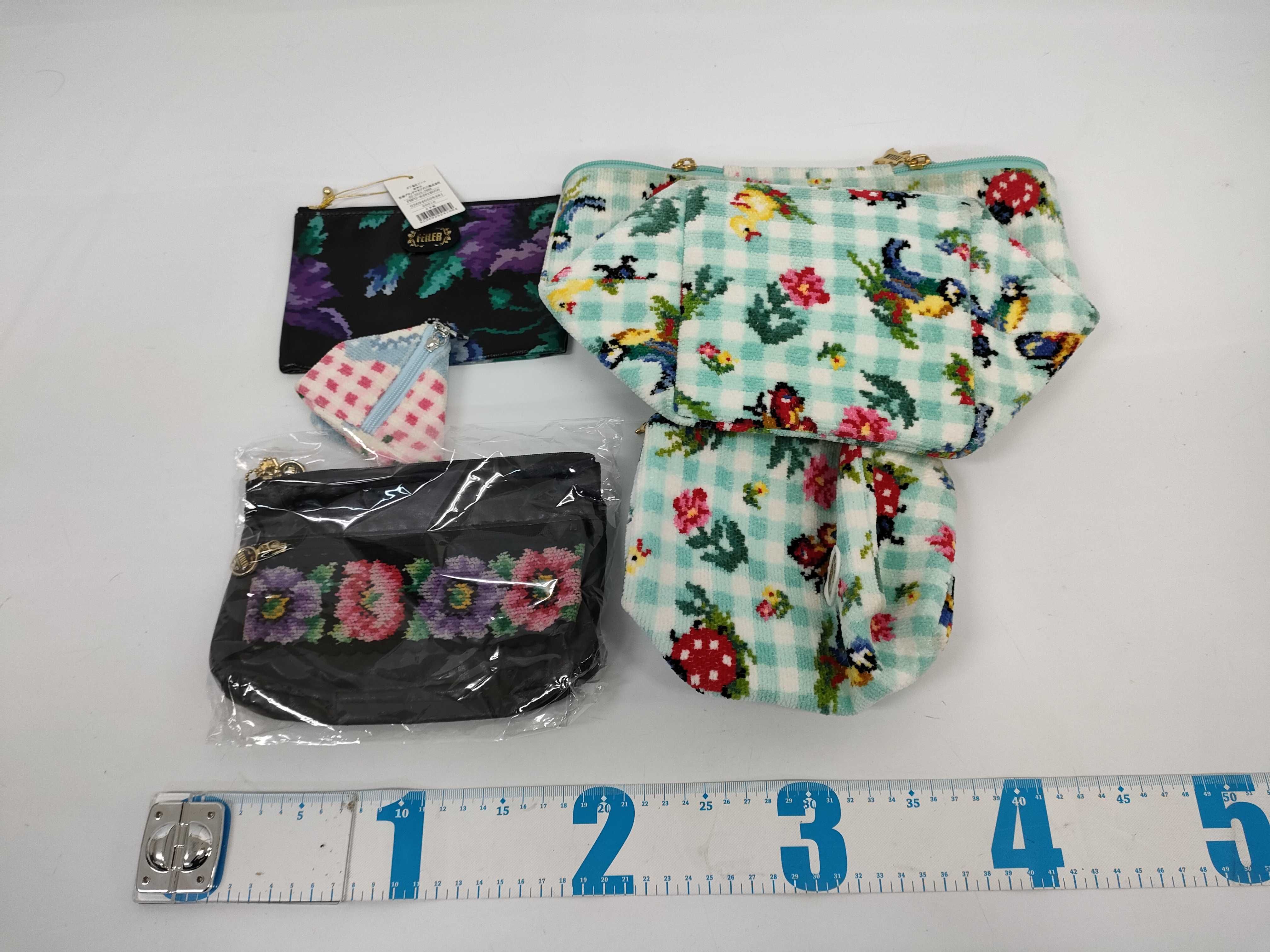 A Collection of 5 Feiler Chenille Accessory Pouches and Bags in Heidi Check and Floral Patterns