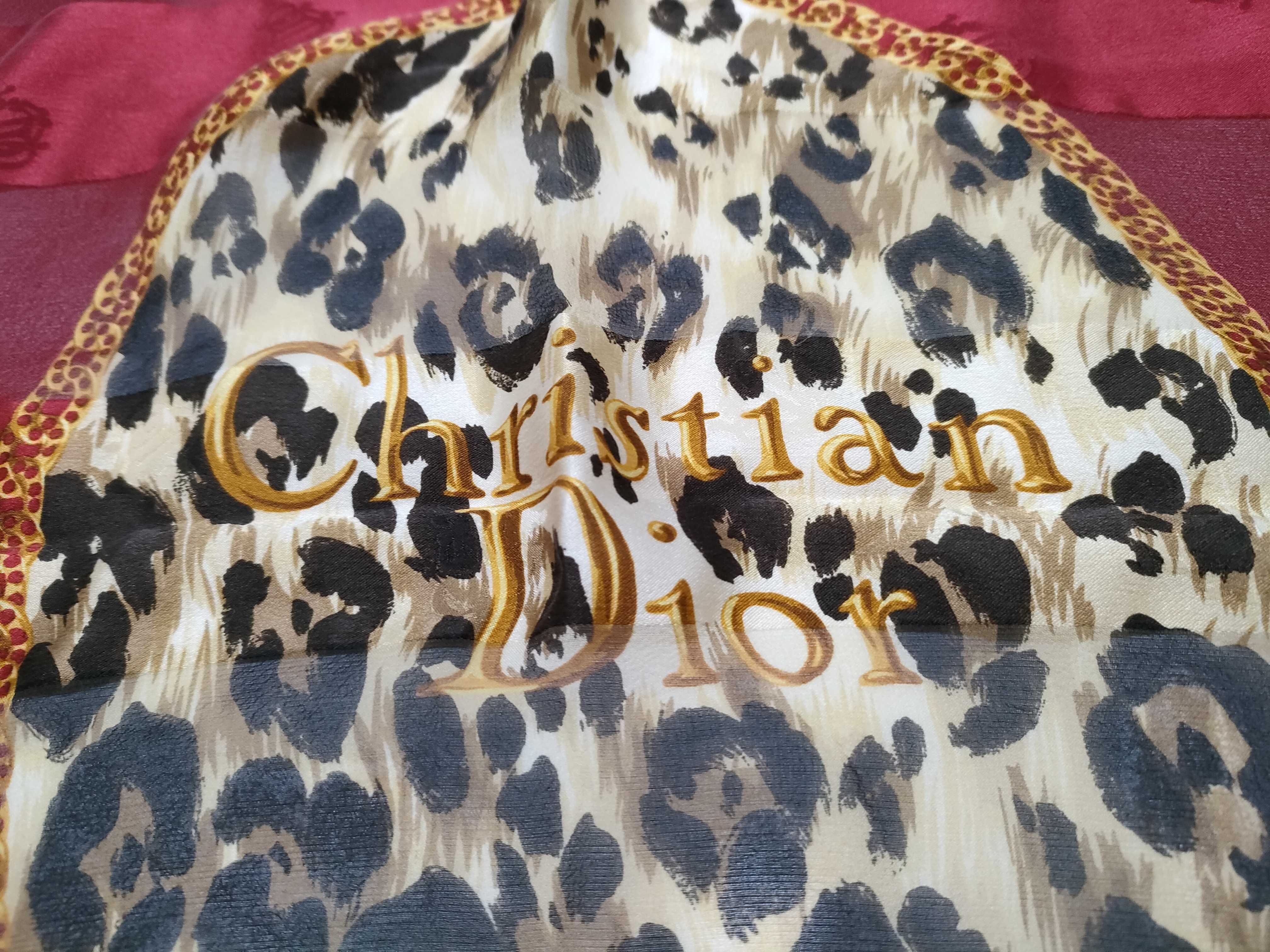 Christian Dior Vintage Leopard and Striped Silk Square Scarf