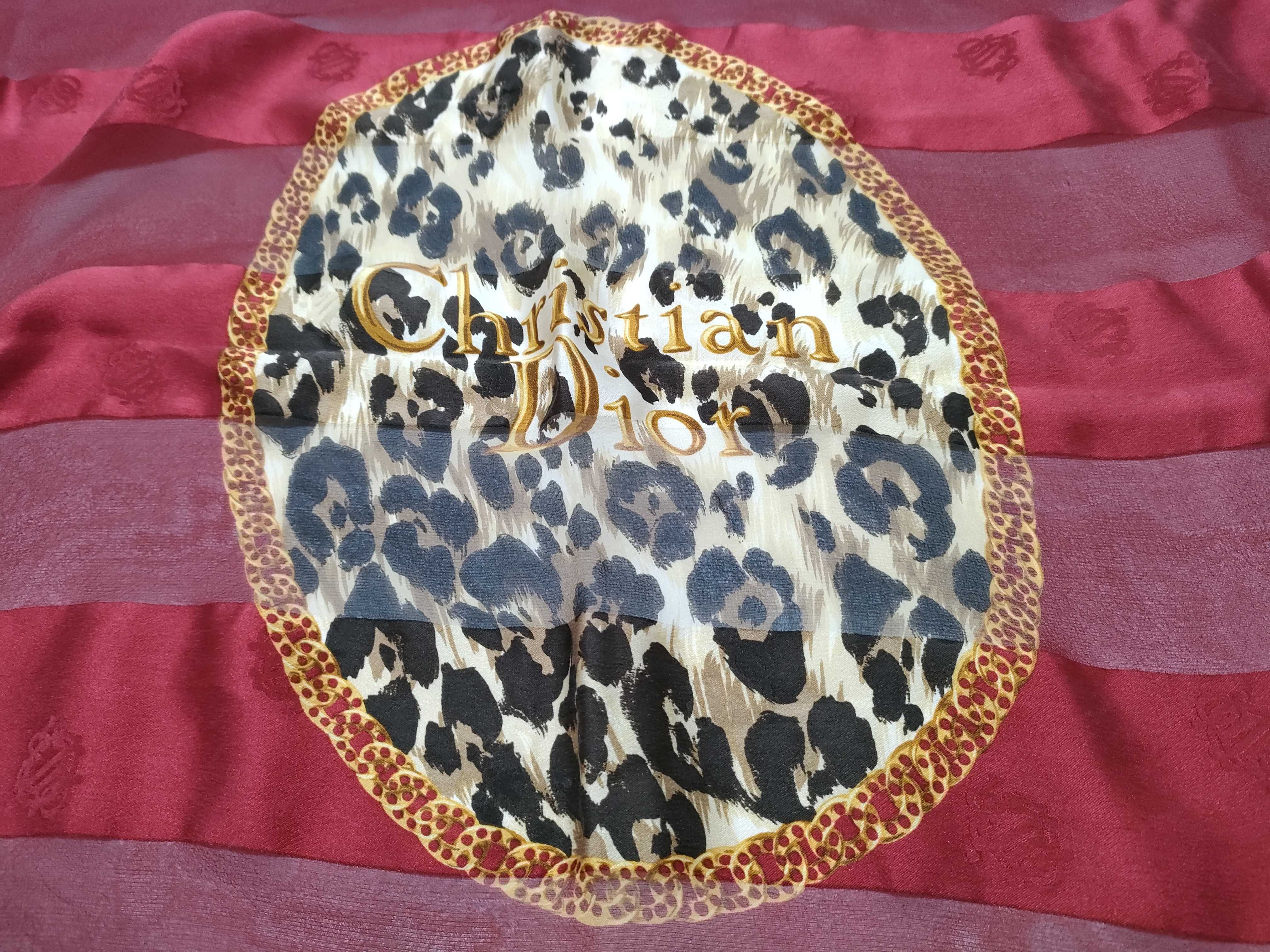 Christian Dior Vintage Leopard and Striped Silk Square Scarf