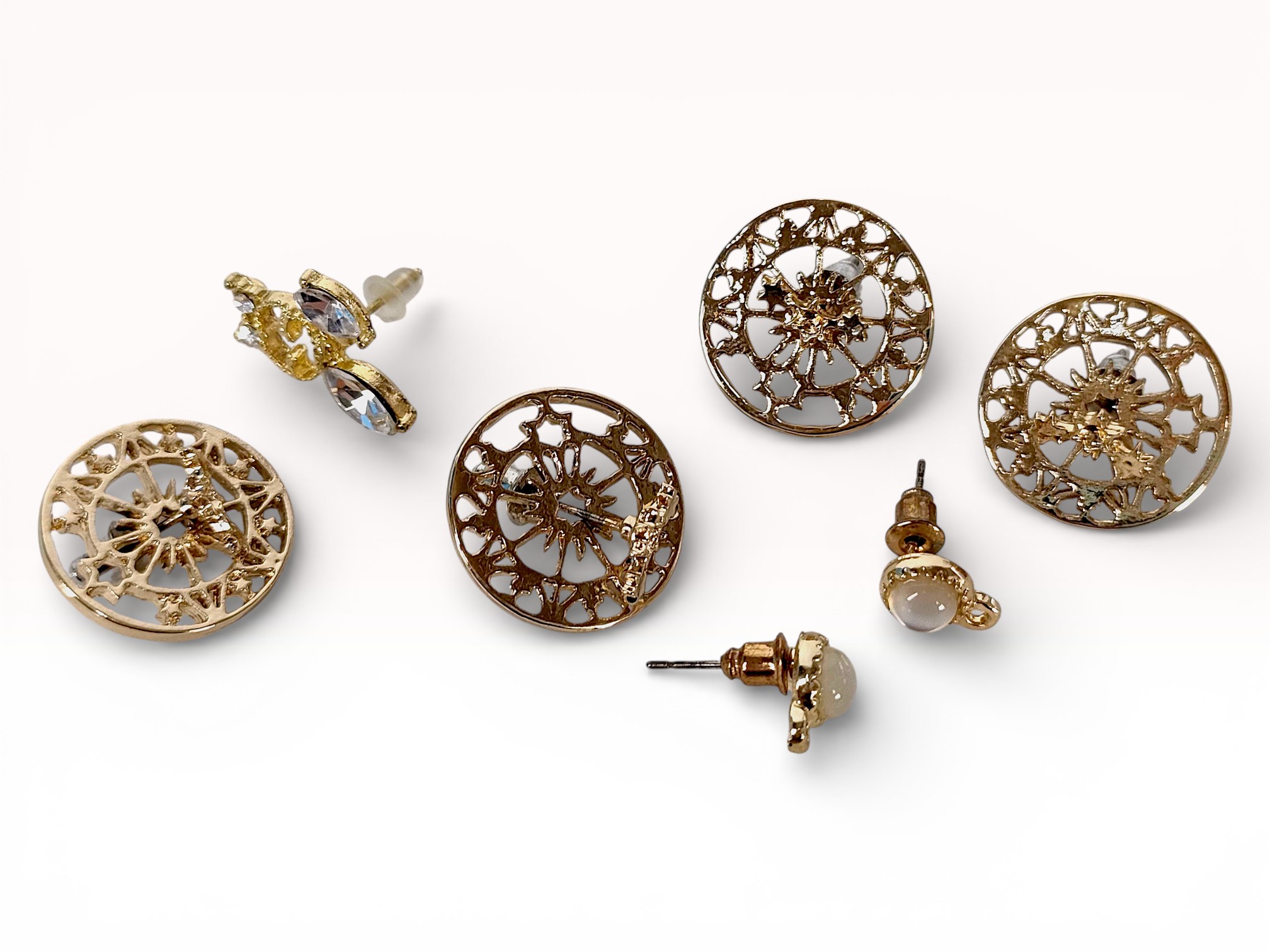 An Assortment of Gold-Tone Fashion Stud Earrings Including Market Gate Style Filigree