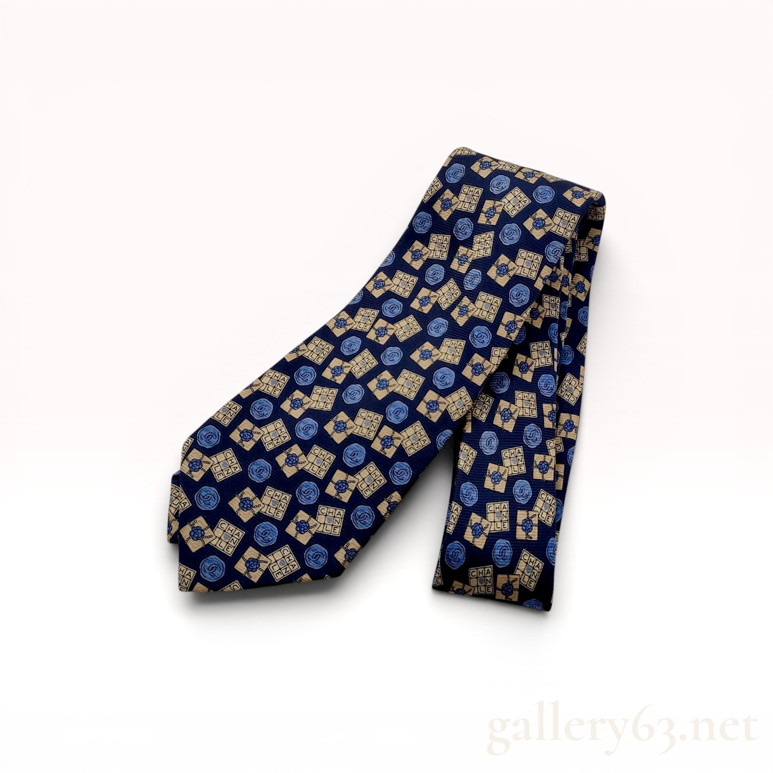Chanel Navy Blue Silk Gift Box and Camellia Pattern Men's Necktie