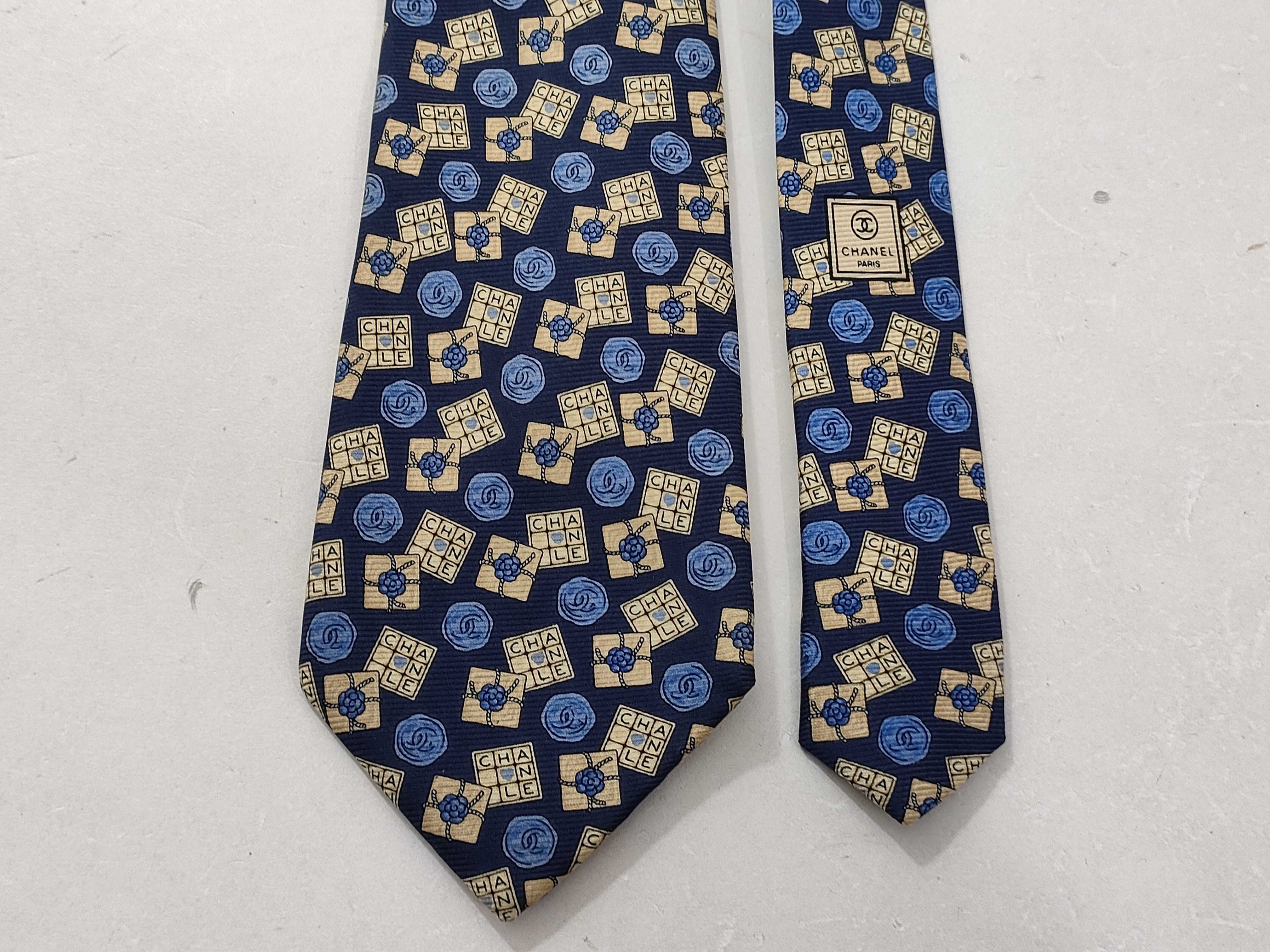 Chanel Navy Blue Silk Gift Box and Camellia Pattern Men's Necktie