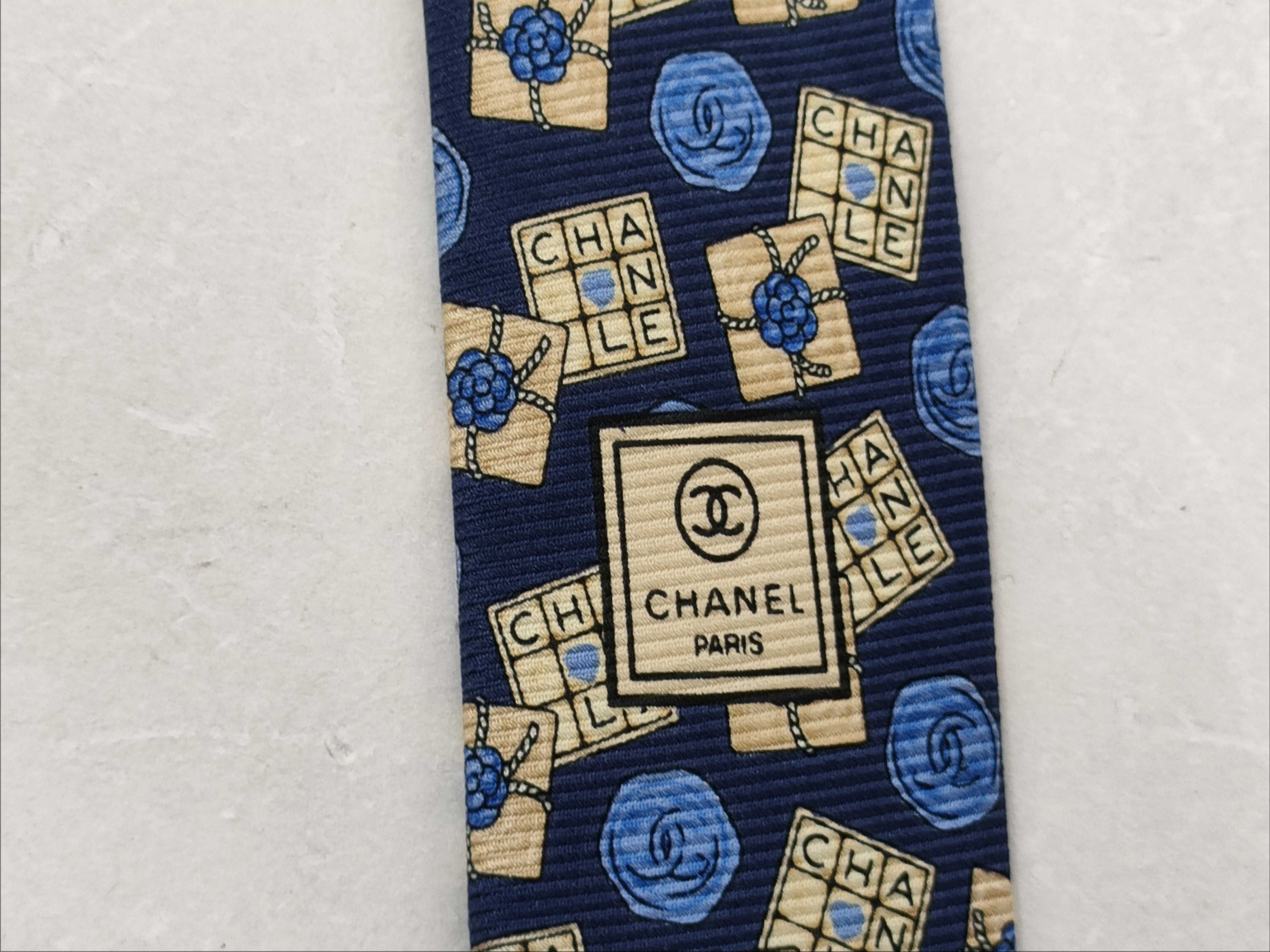 Chanel Navy Blue Silk Gift Box and Camellia Pattern Men's Necktie