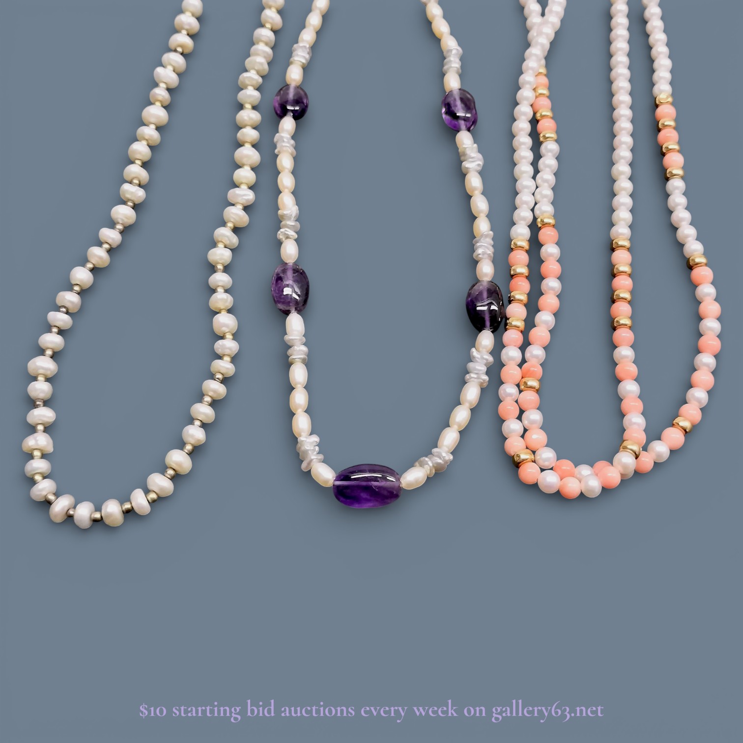 A Trio of Pearl, Amethyst, and Coral-Style Beaded Necklaces
