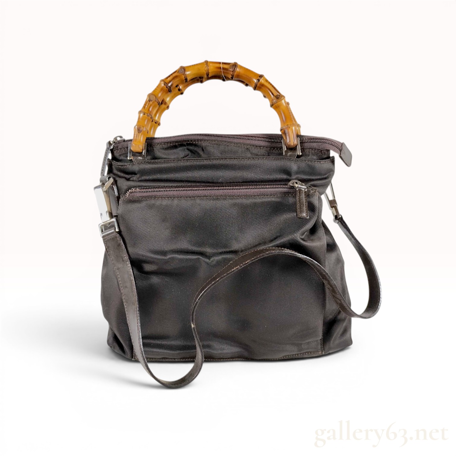 Gucci Vintage Dark Brown Nylon Bamboo Handle Multi-Zip Handbag