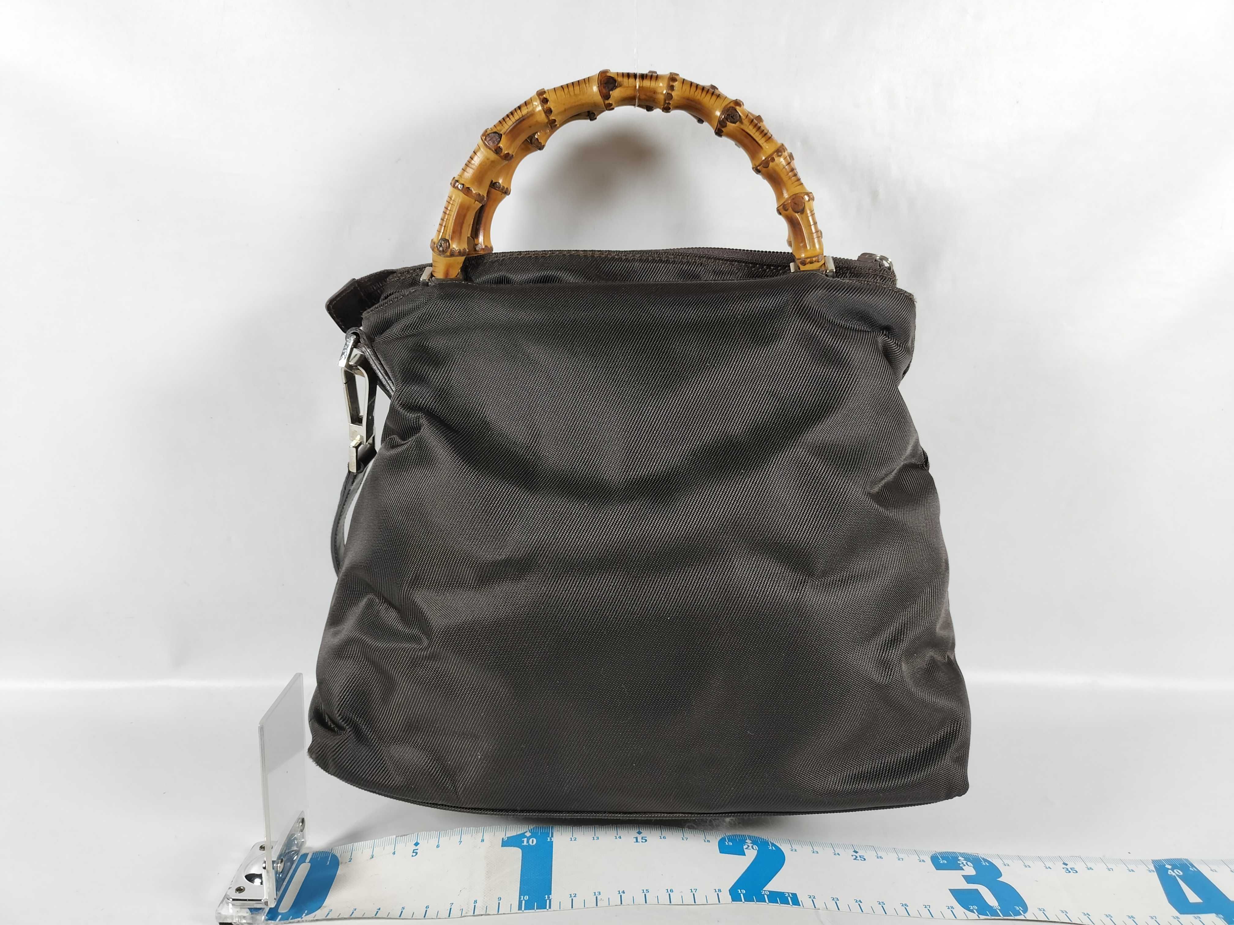 Gucci Vintage Dark Brown Nylon Bamboo Handle Multi-Zip Handbag