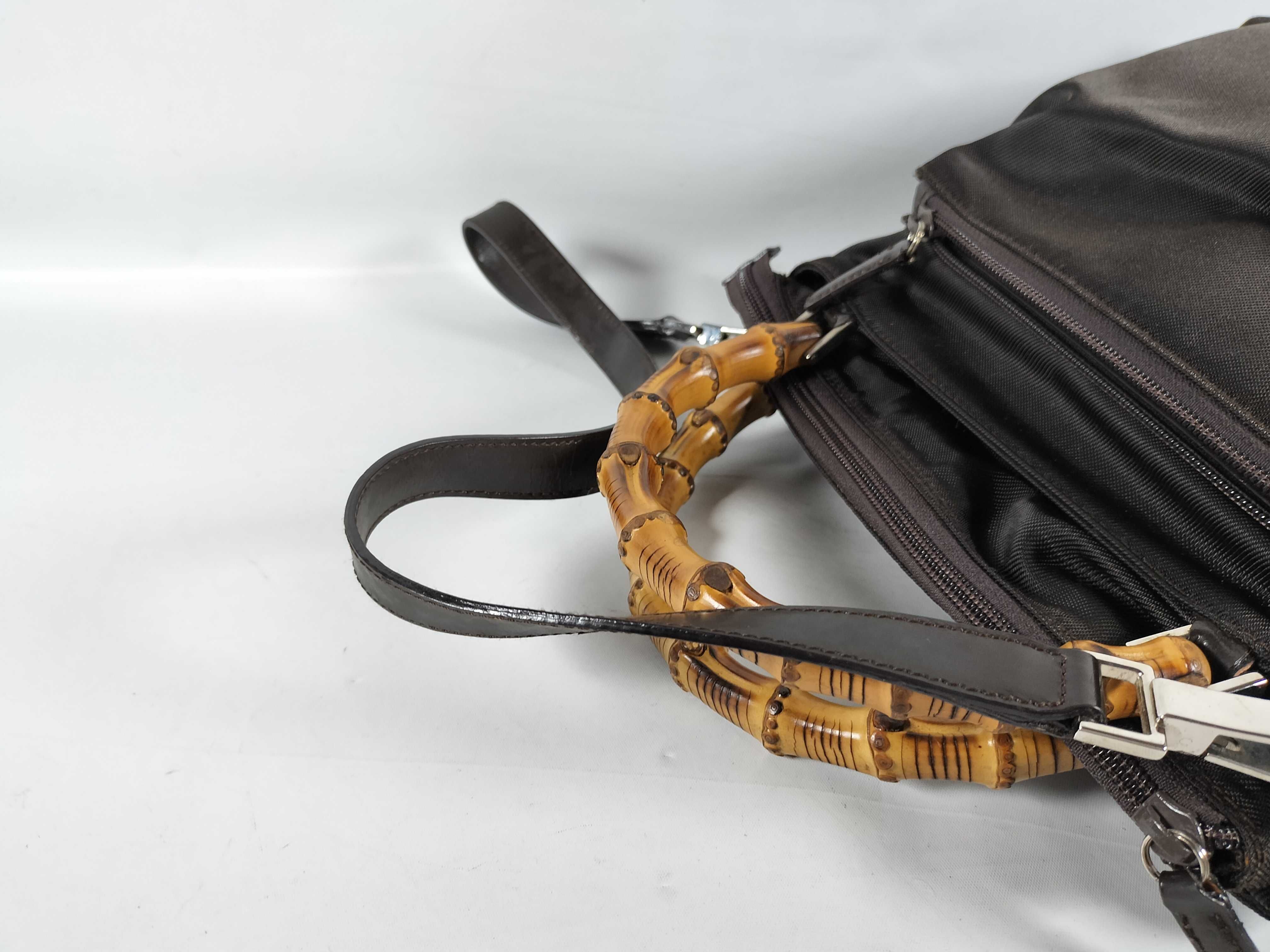 Gucci Vintage Dark Brown Nylon Bamboo Handle Multi-Zip Handbag