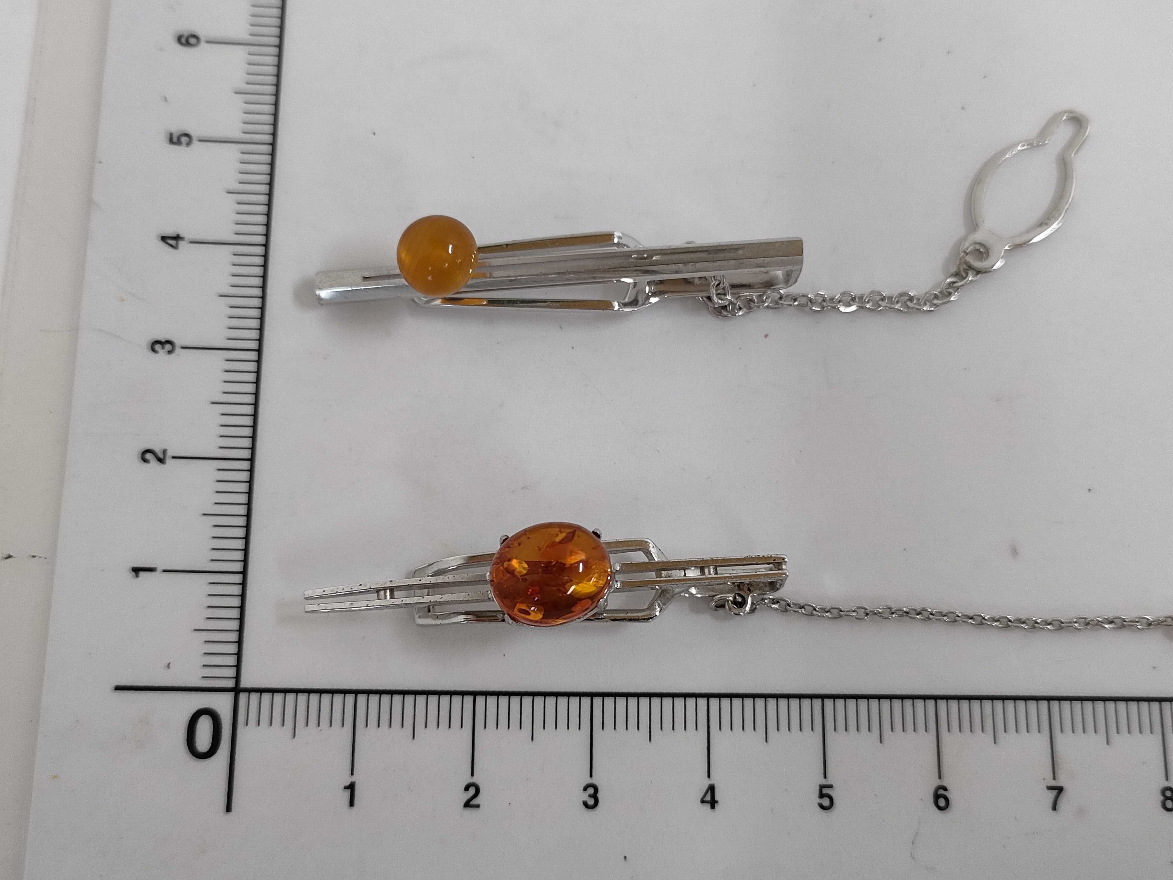 Pair of Sterling Silver Tie Pins with Cabochon Amber Stones