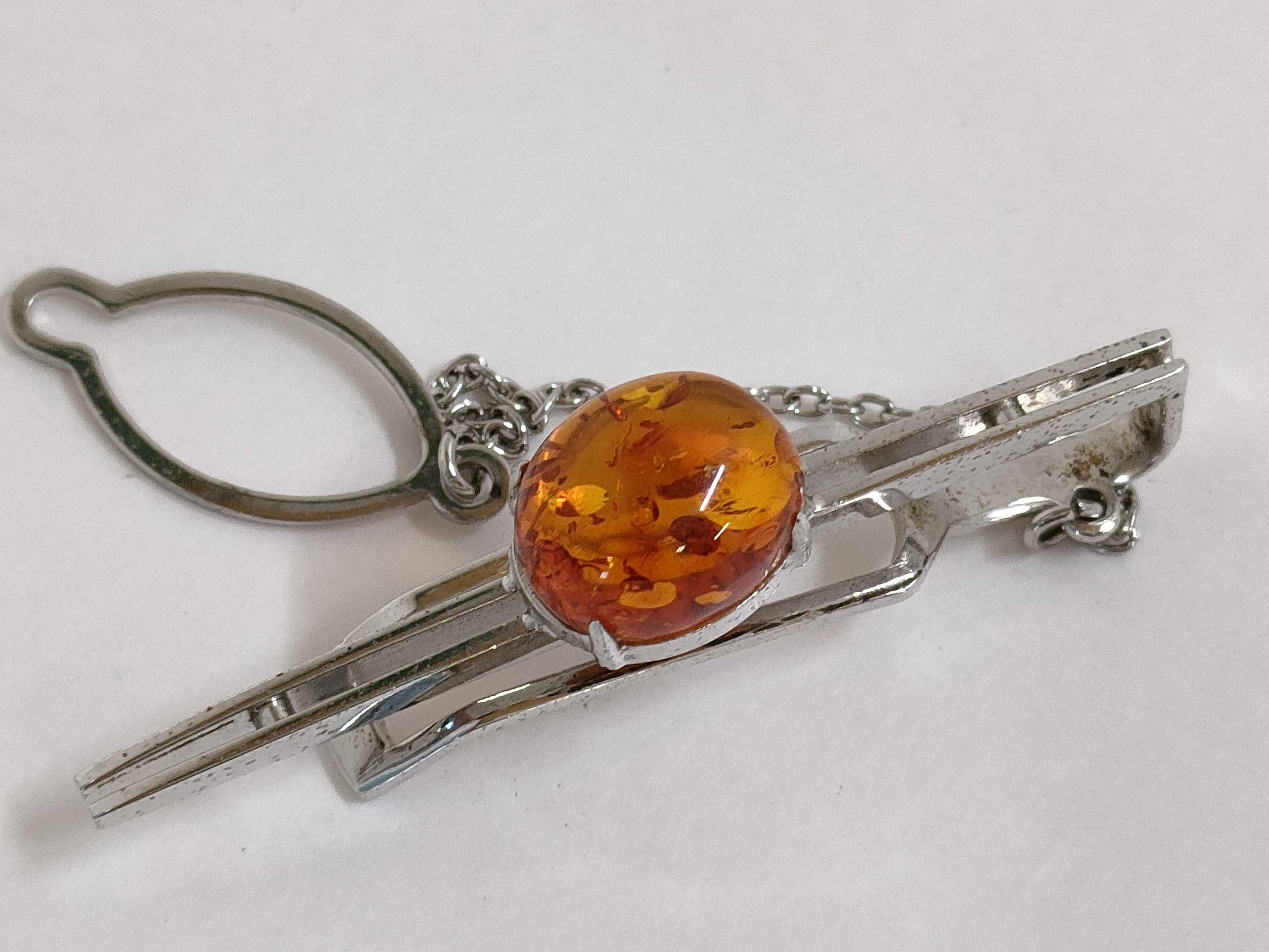Pair of Sterling Silver Tie Pins with Cabochon Amber Stones