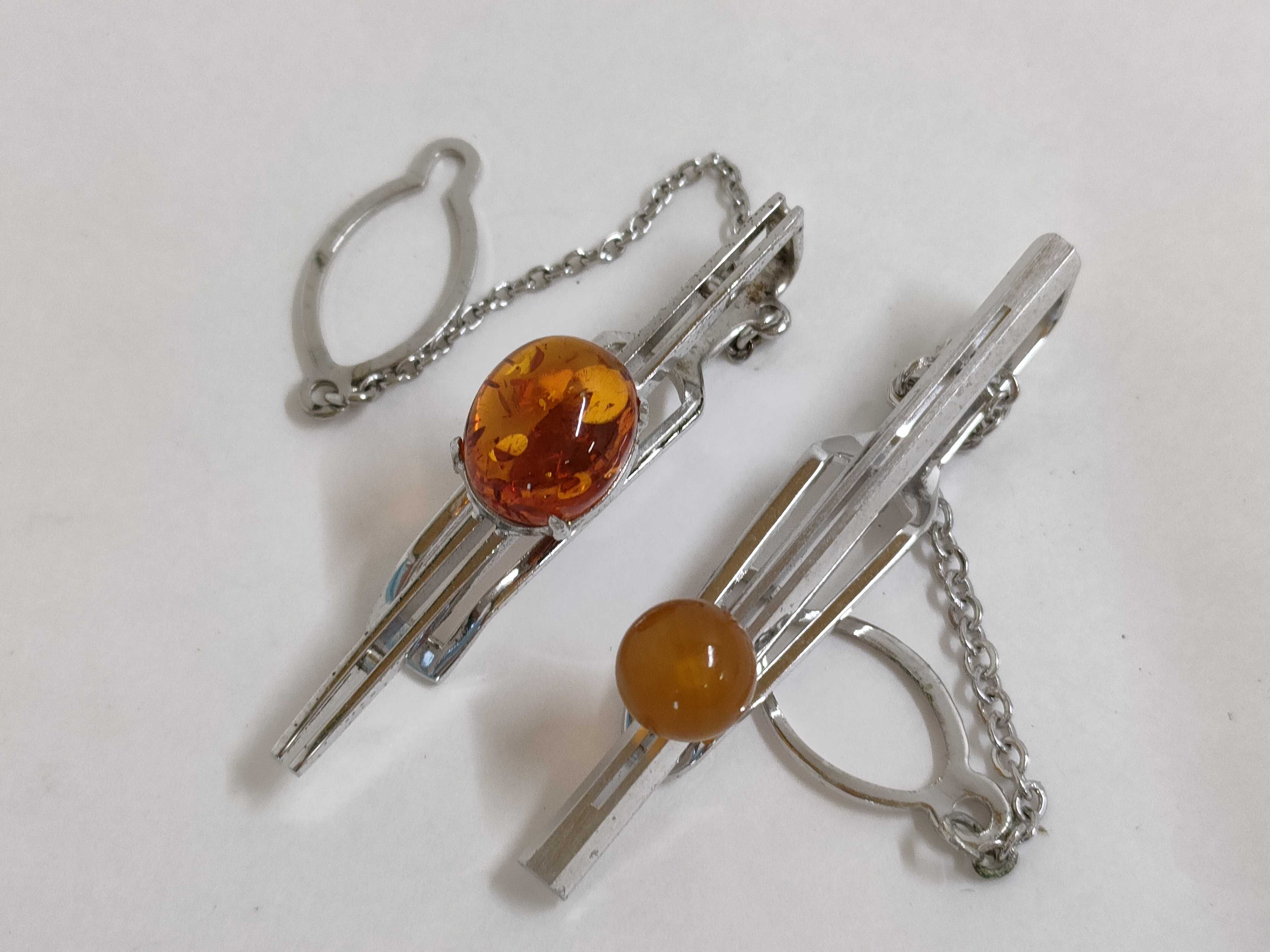 Pair of Sterling Silver Tie Pins with Cabochon Amber Stones