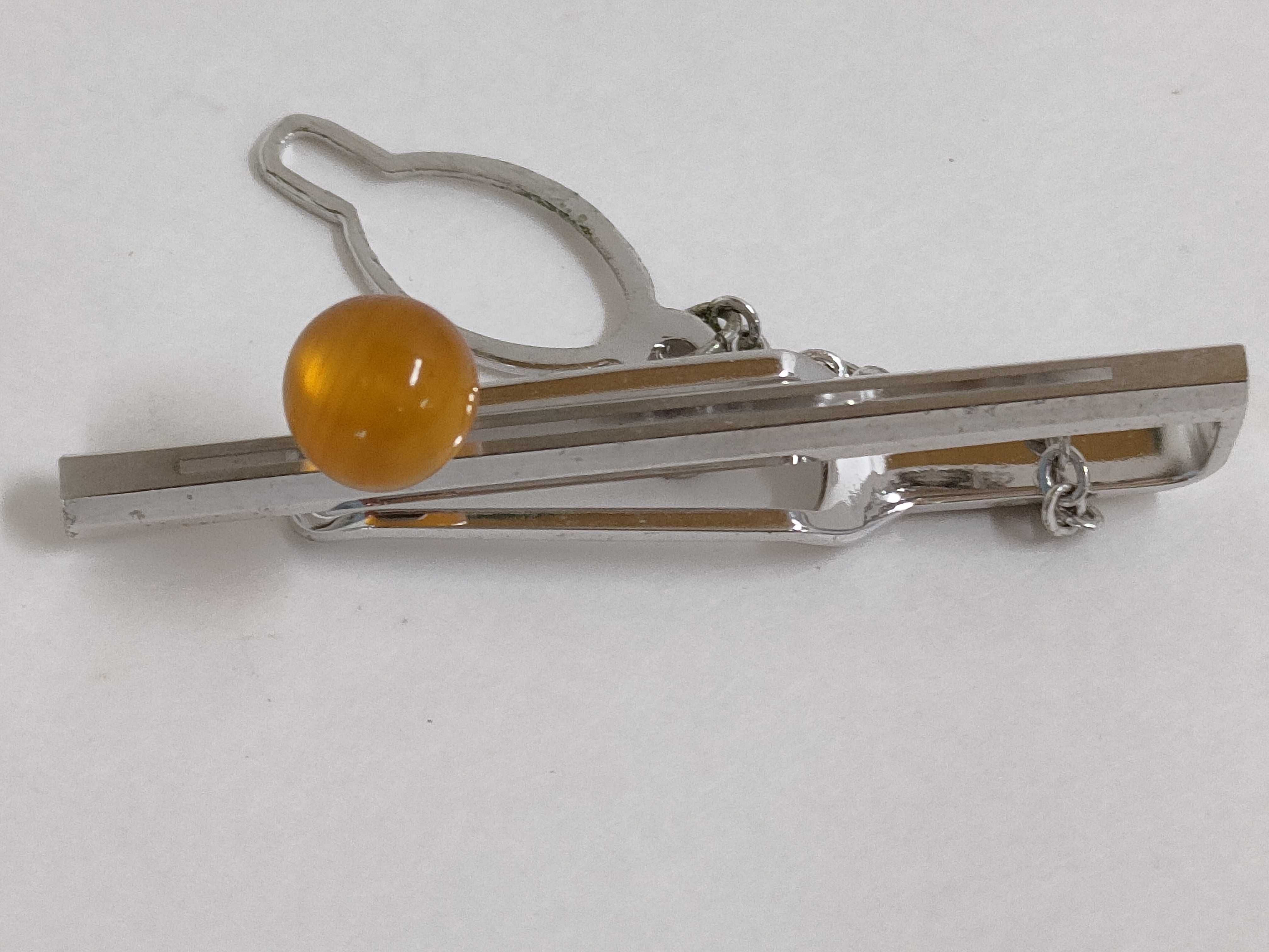 Pair of Sterling Silver Tie Pins with Cabochon Amber Stones