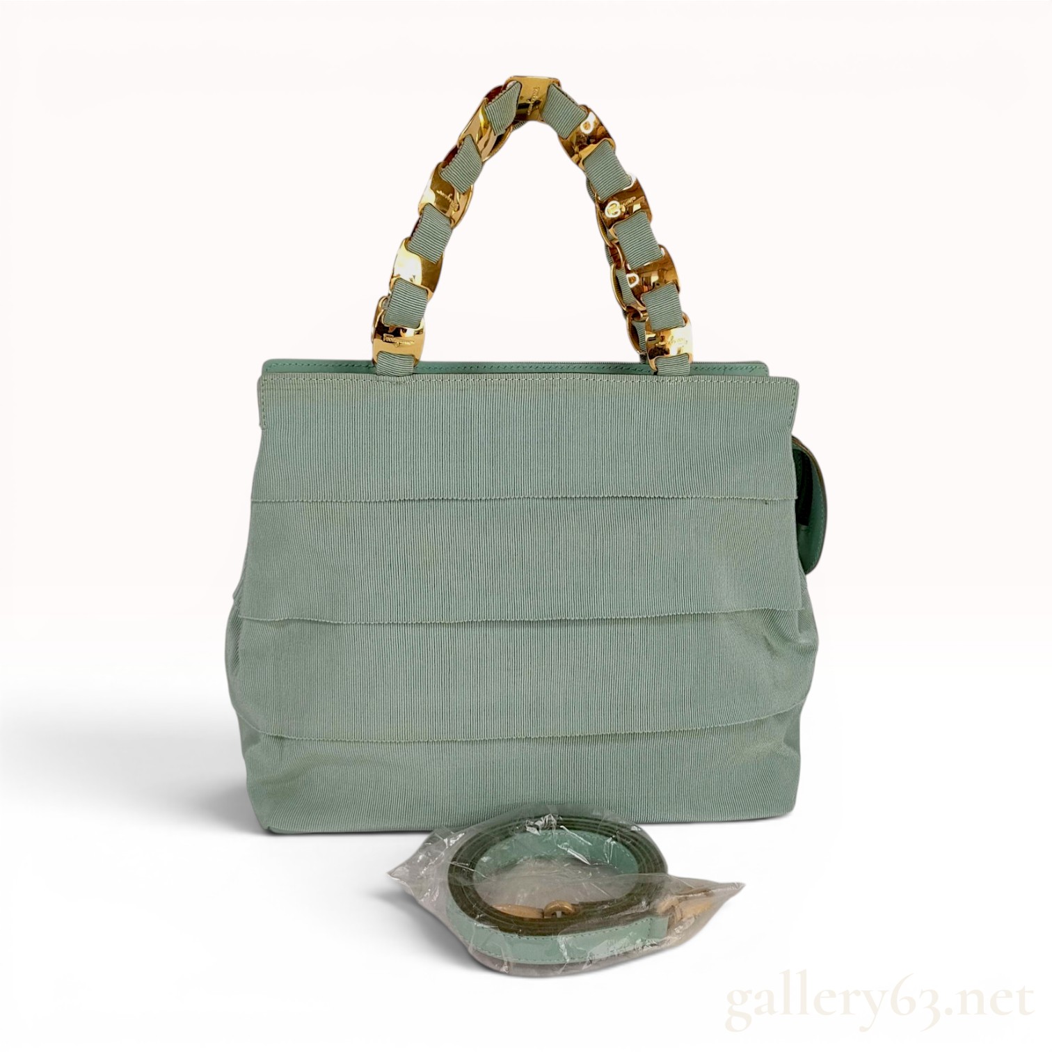 Salvatore Ferragamo Mint Green Tiered Grosgrain Ribbon Top Handle Bag