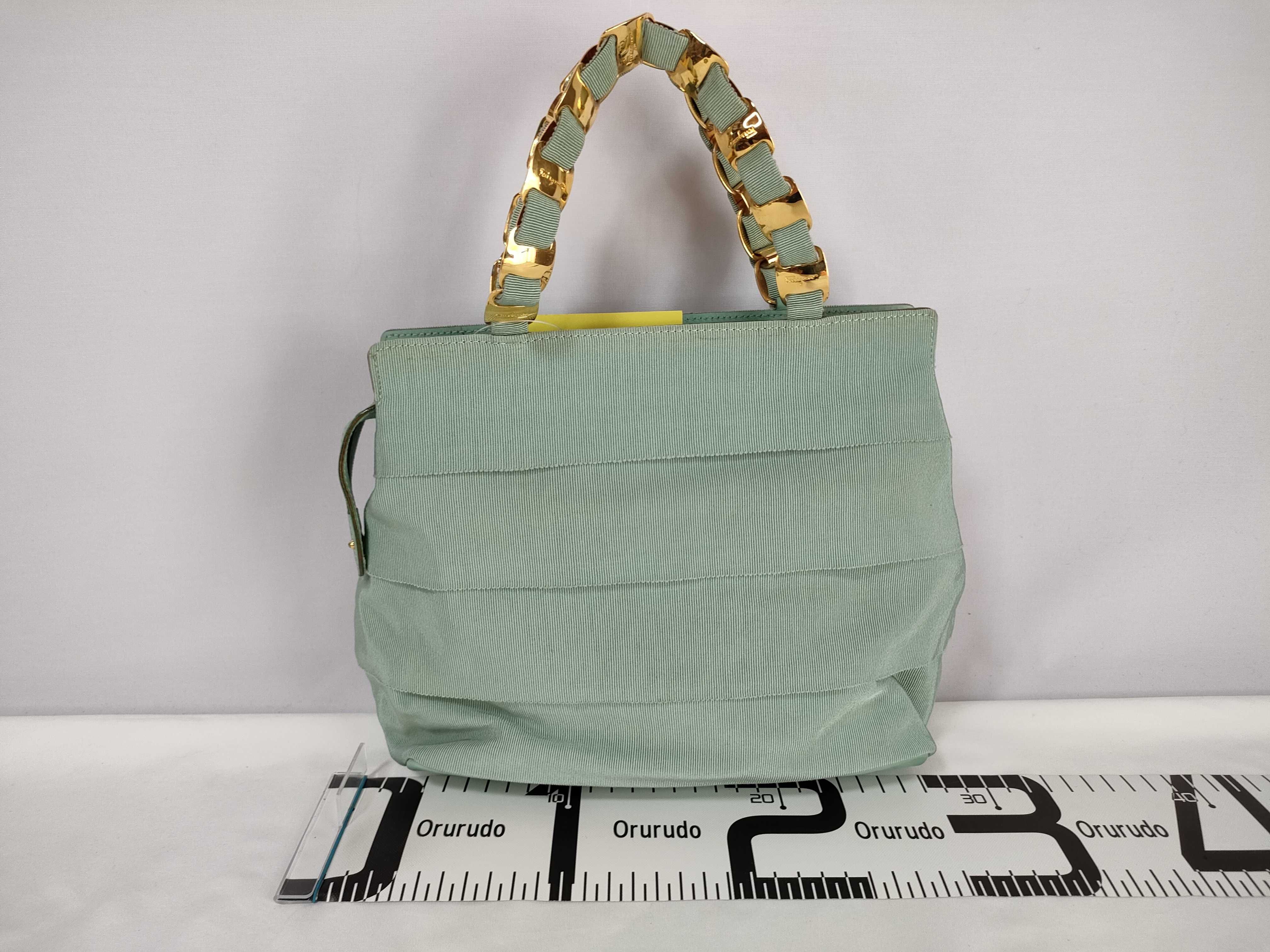 Salvatore Ferragamo Mint Green Tiered Grosgrain Ribbon Top Handle Bag