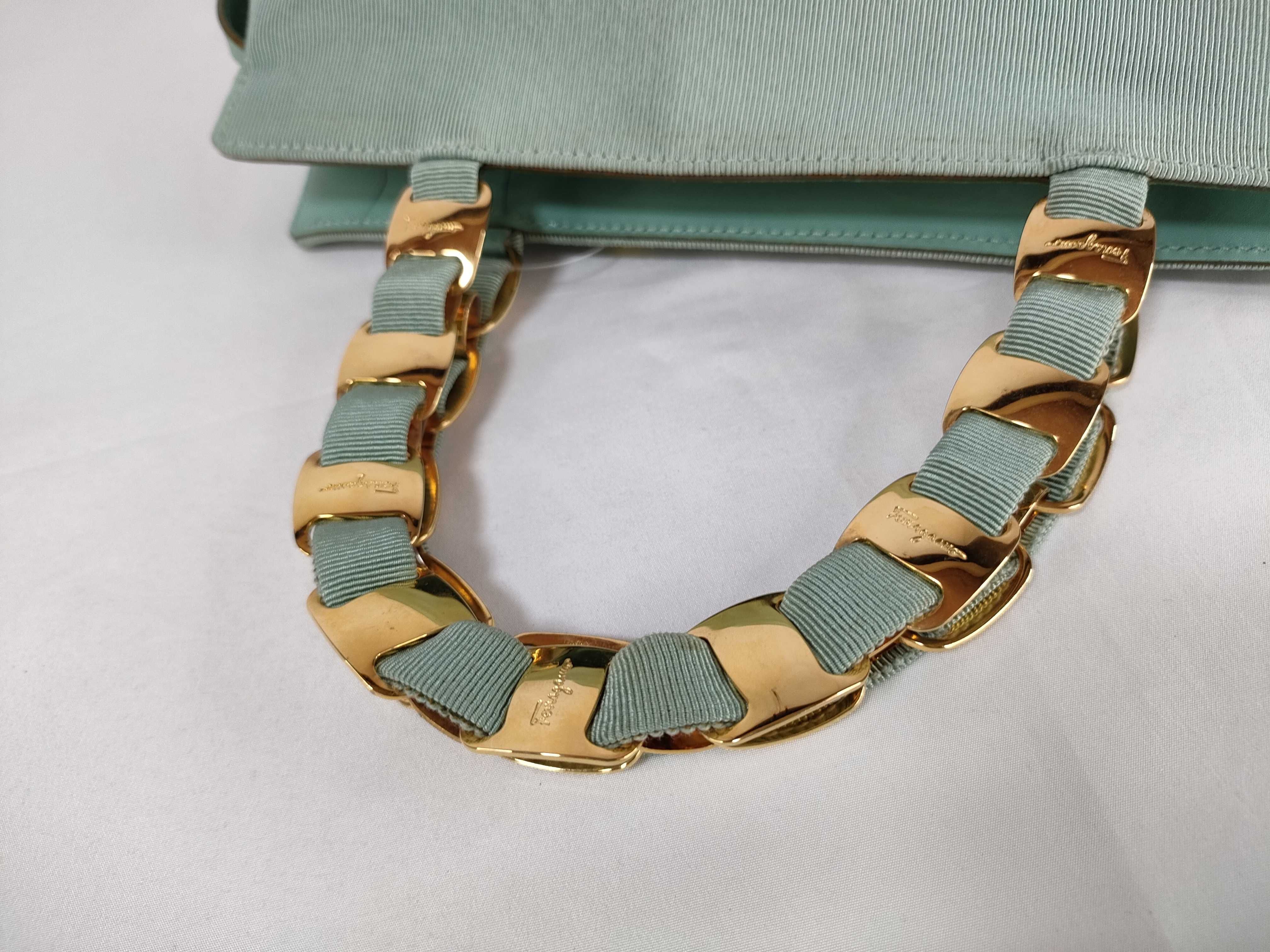 Salvatore Ferragamo Mint Green Tiered Grosgrain Ribbon Top Handle Bag