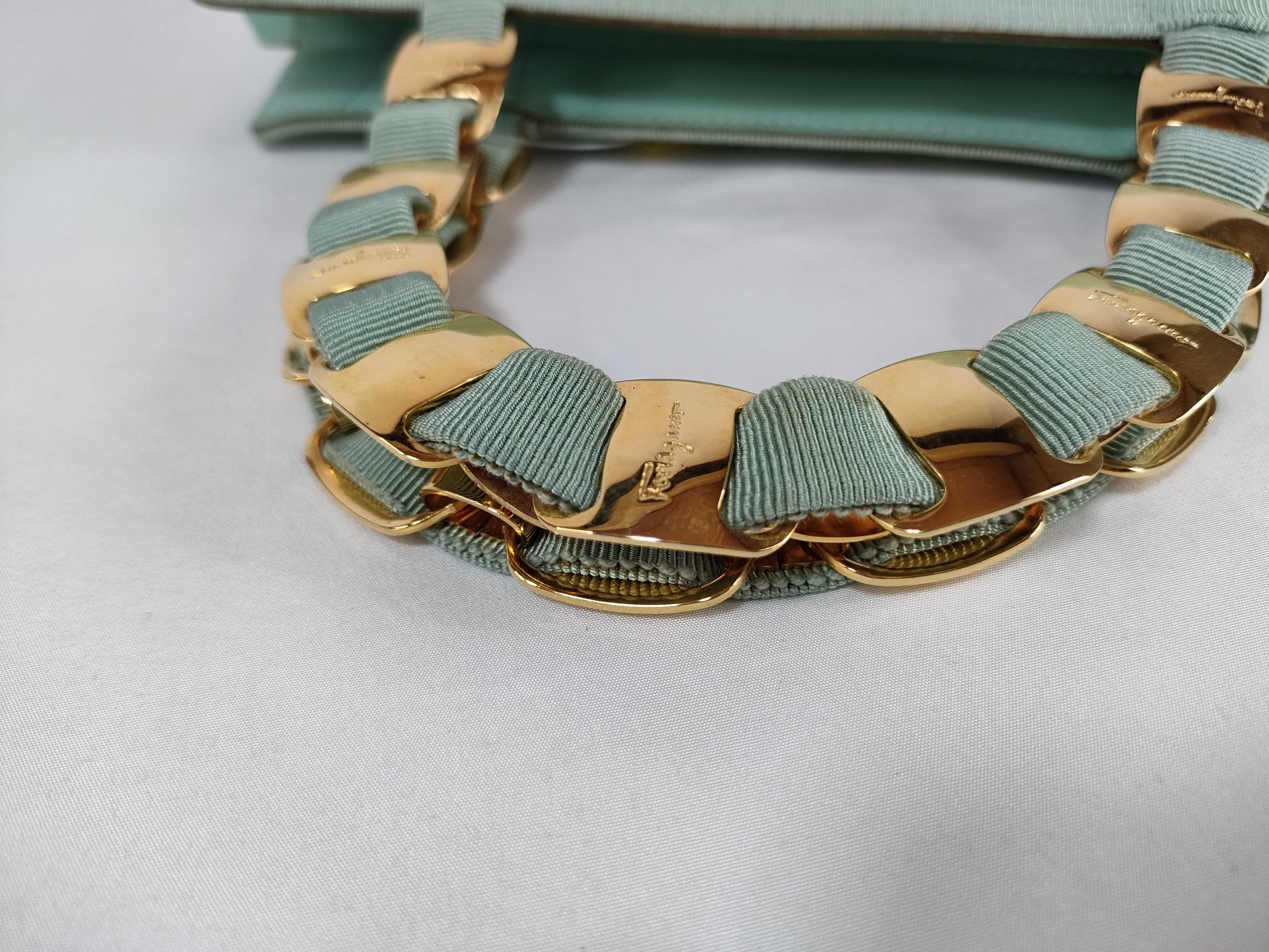 Salvatore Ferragamo Mint Green Tiered Grosgrain Ribbon Top Handle Bag