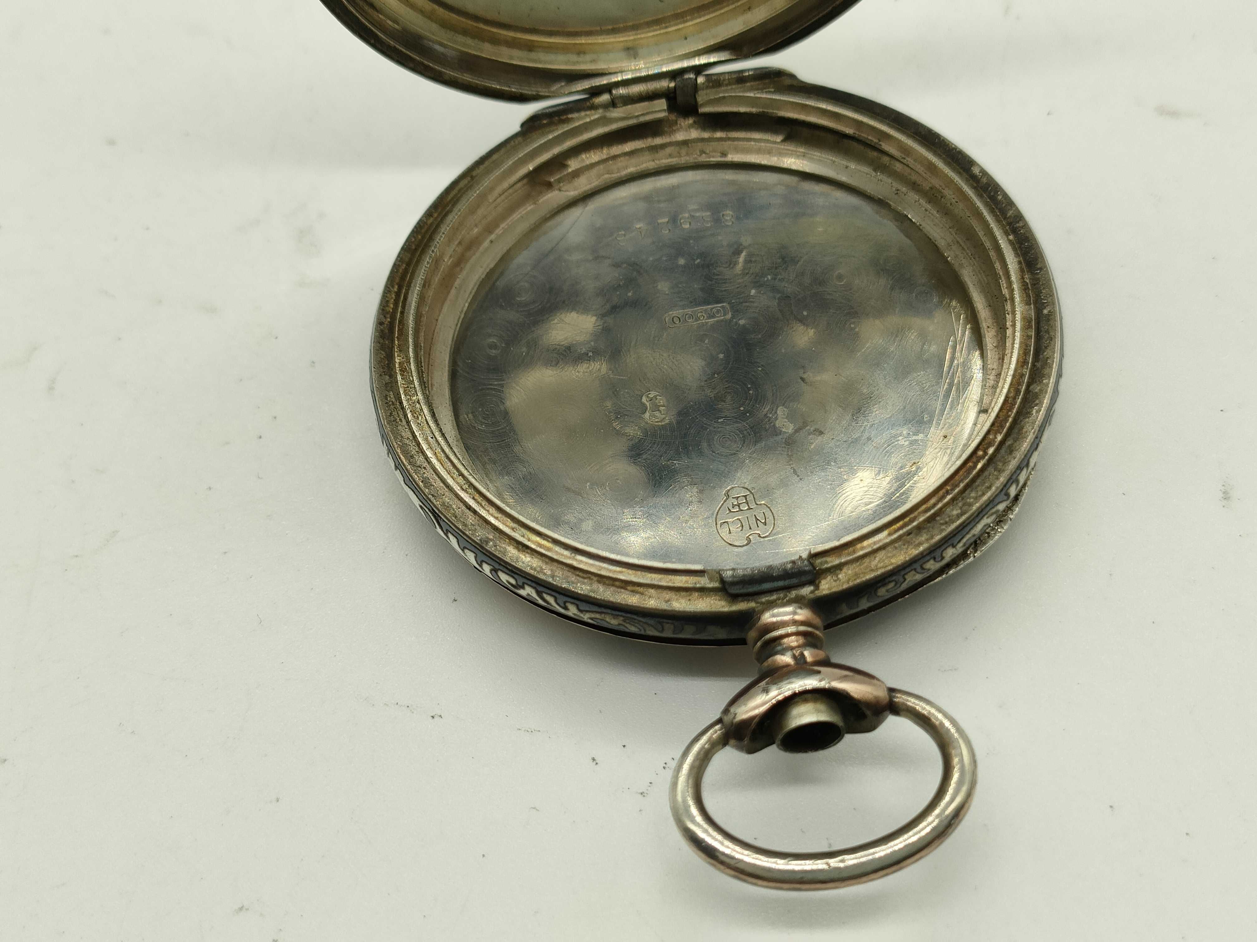 Huguenin Freres Art Nouveau Niello 800 Silver Pocket Watch Case