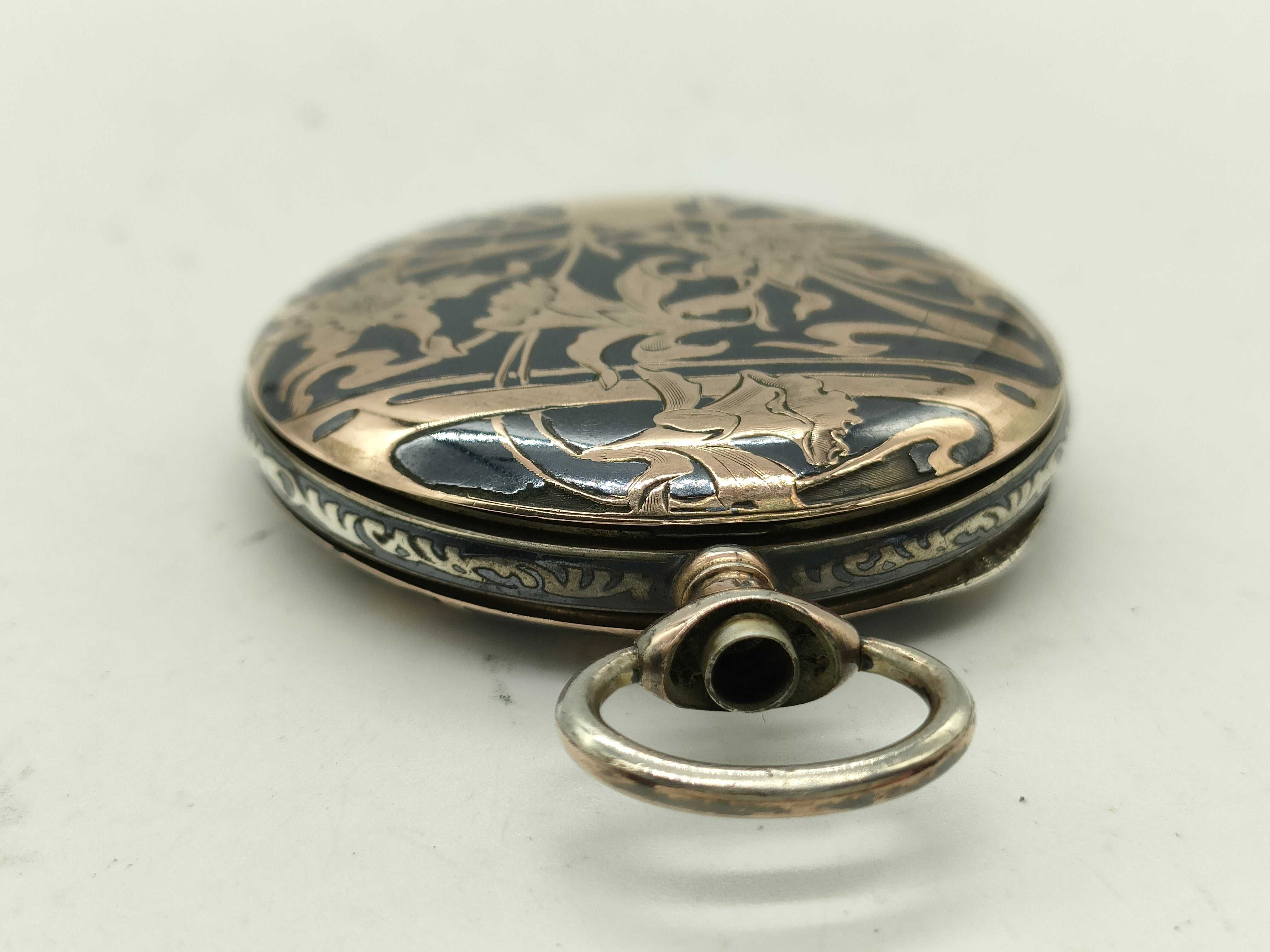 Huguenin Freres Art Nouveau Niello 800 Silver Pocket Watch Case