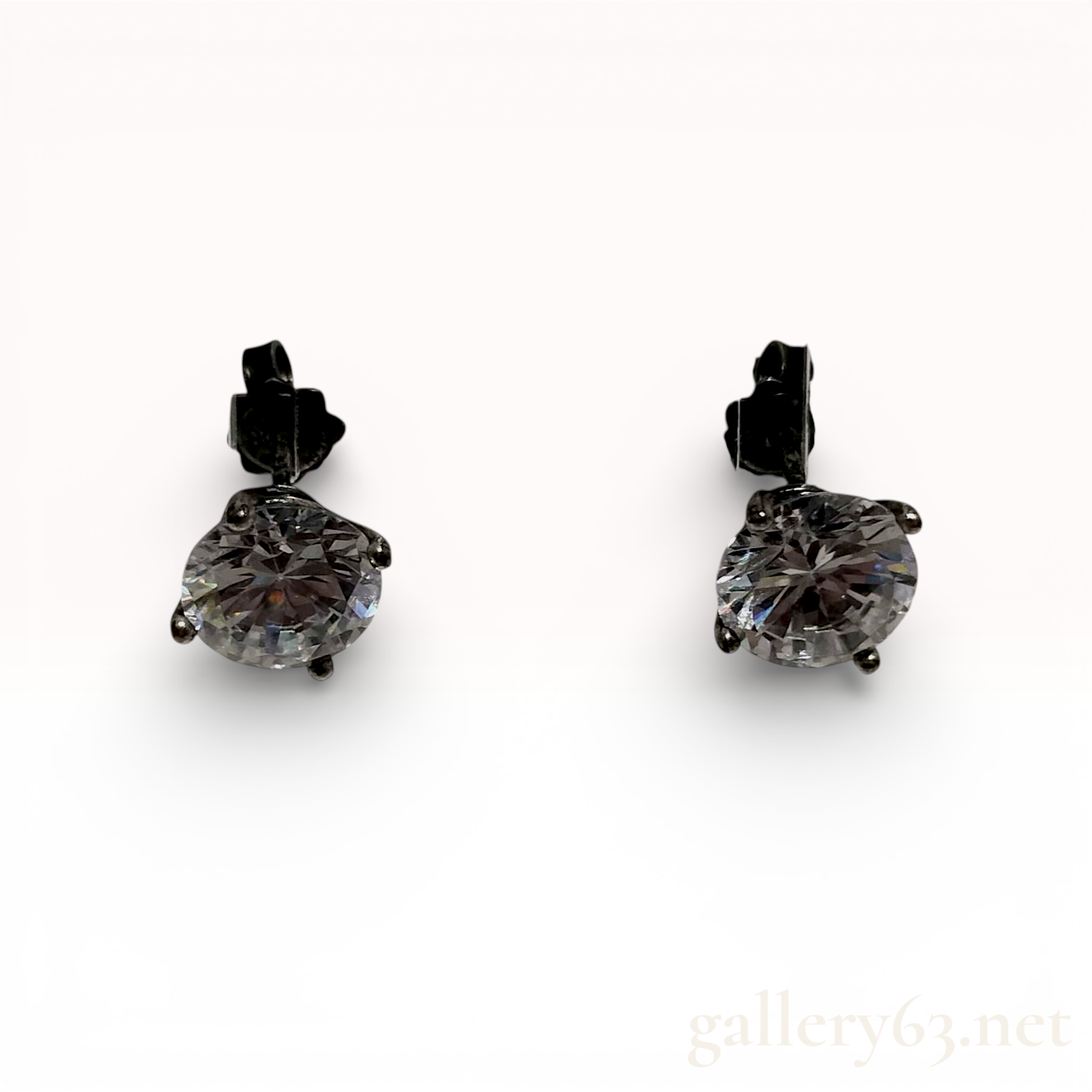 Sterling Silver Stud Earrings with Blackened Finish and Large Round Colorless Stones