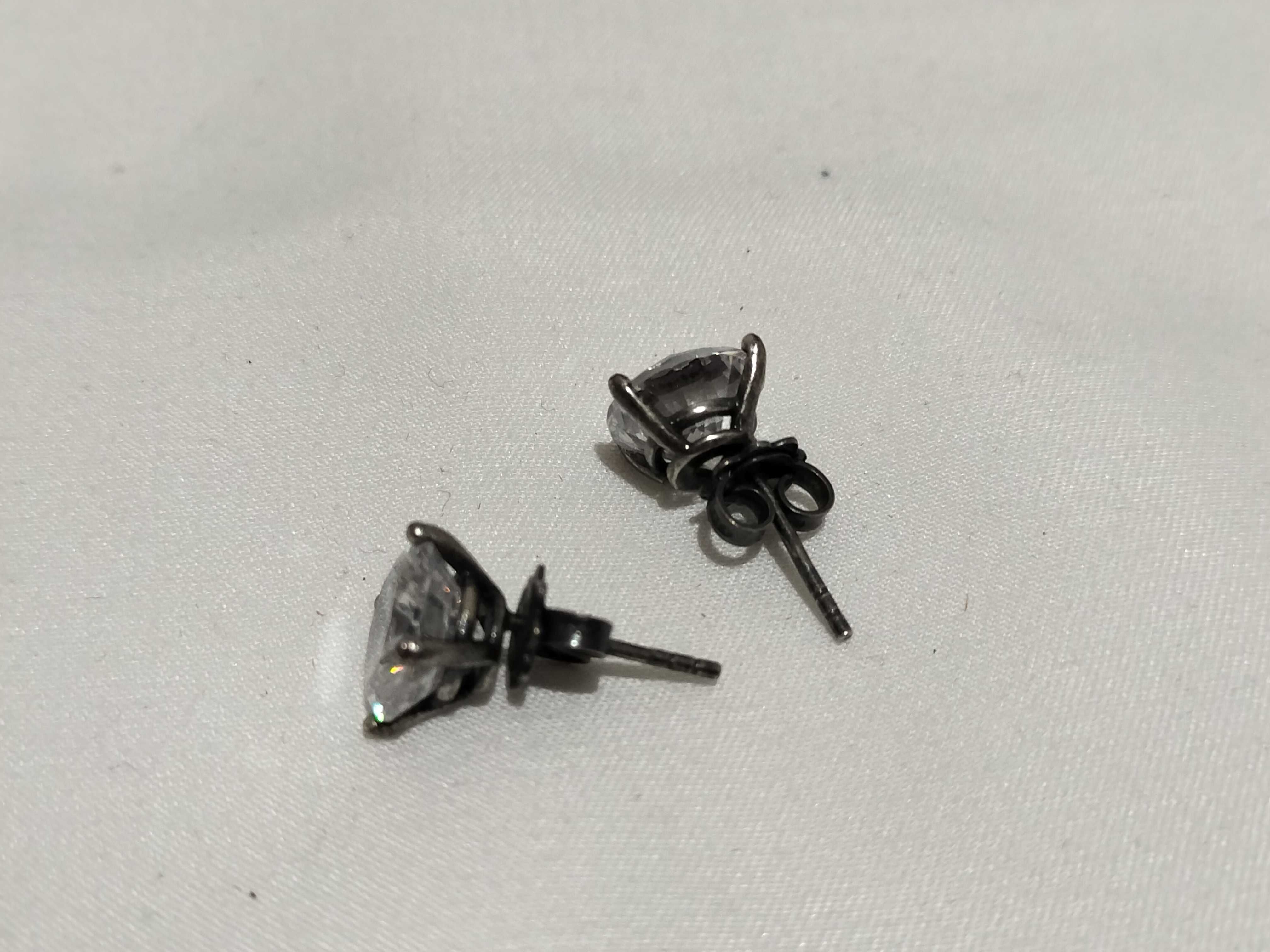 Sterling Silver Stud Earrings with Blackened Finish and Large Round Colorless Stones