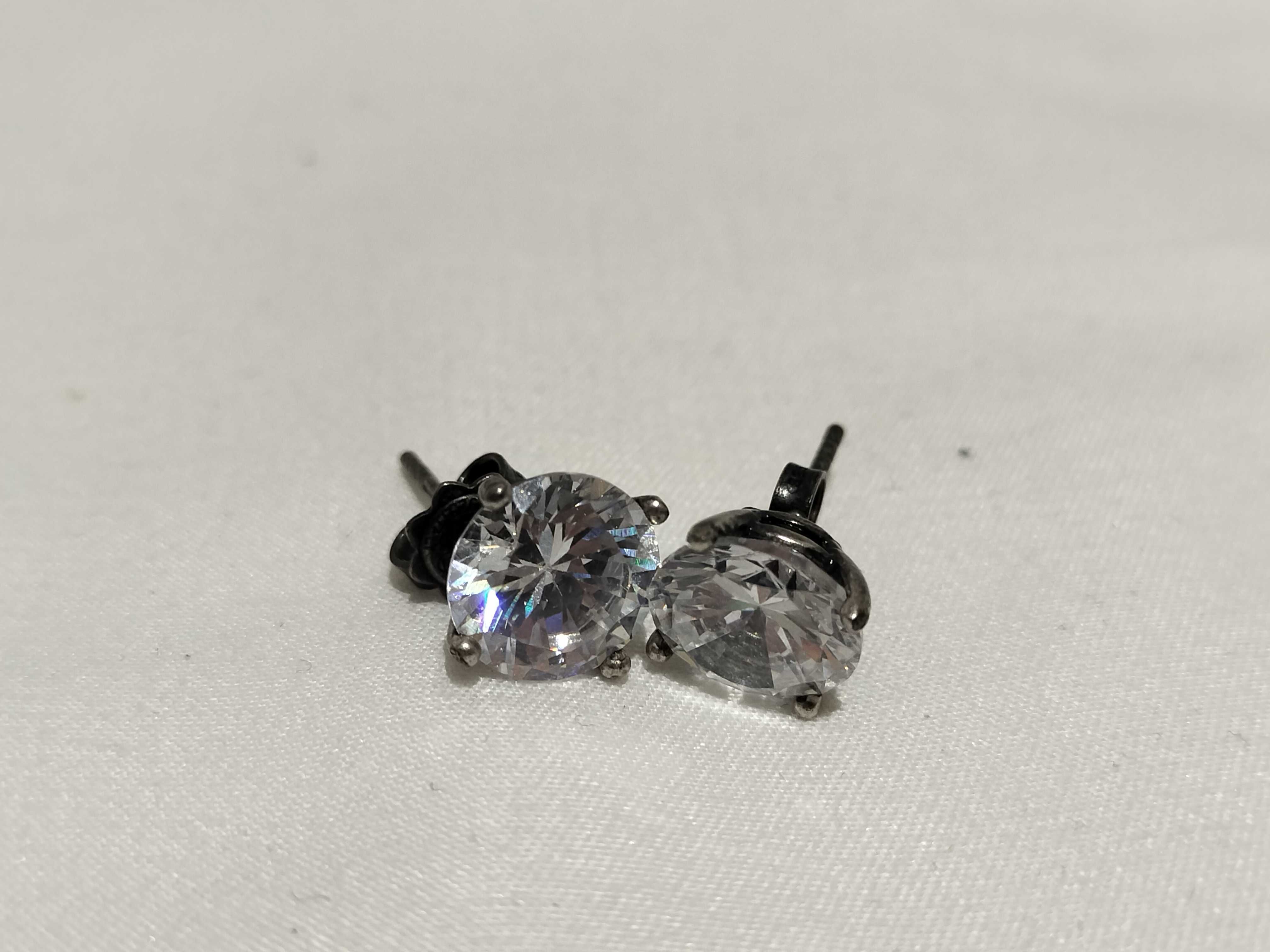 Sterling Silver Stud Earrings with Blackened Finish and Large Round Colorless Stones
