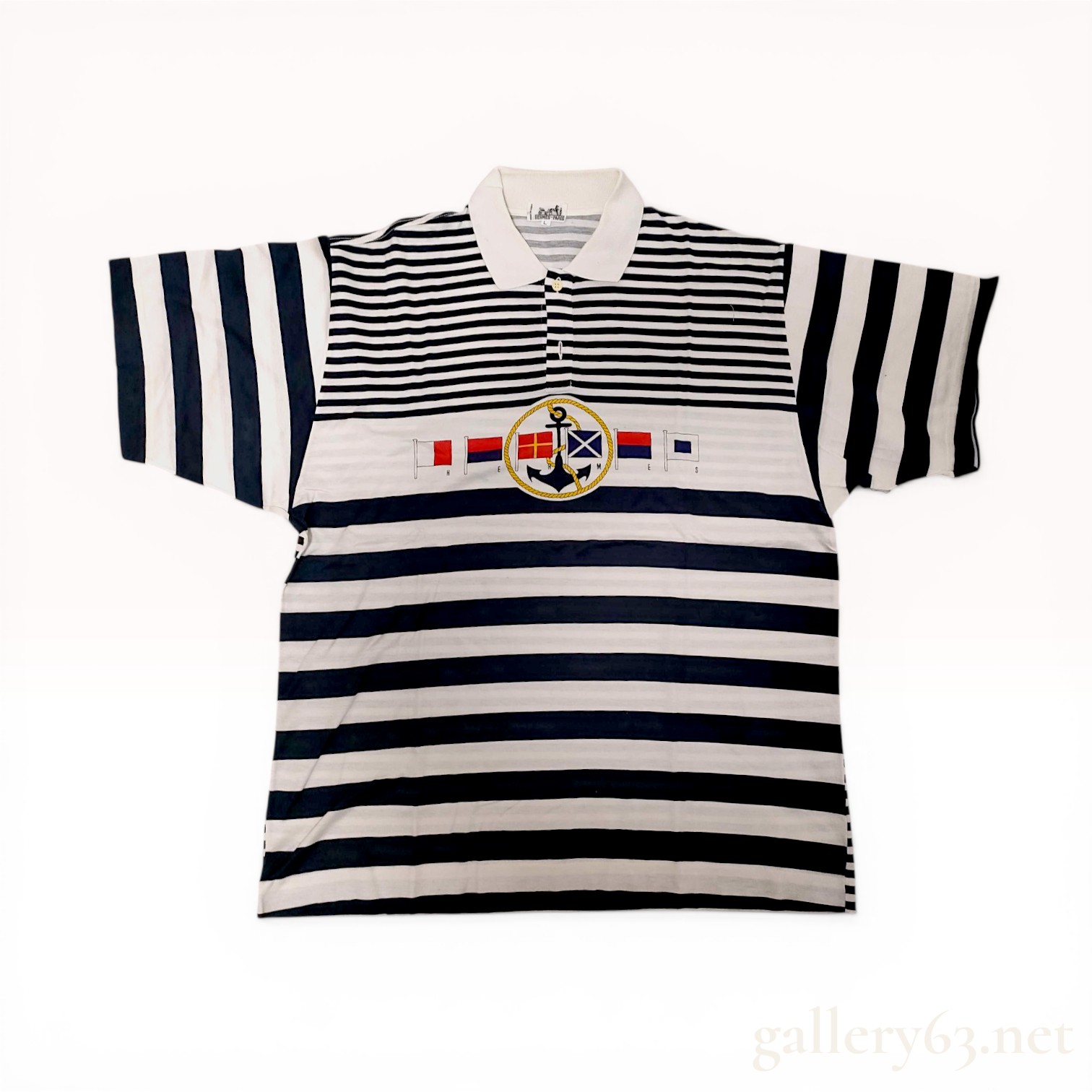 Hermes Nautical Striped Cotton Polo Shirt Size L