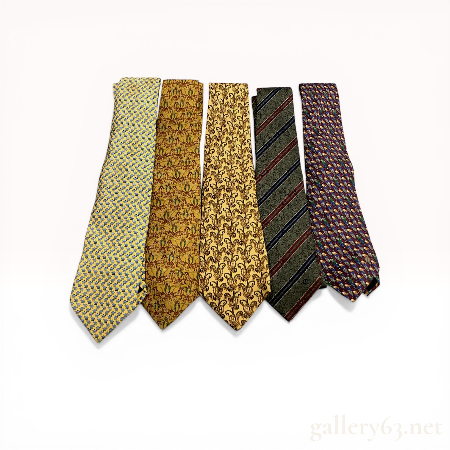 A Group of Five Designer Silk Neckties Including Dunhill and Salvatore Ferragamo