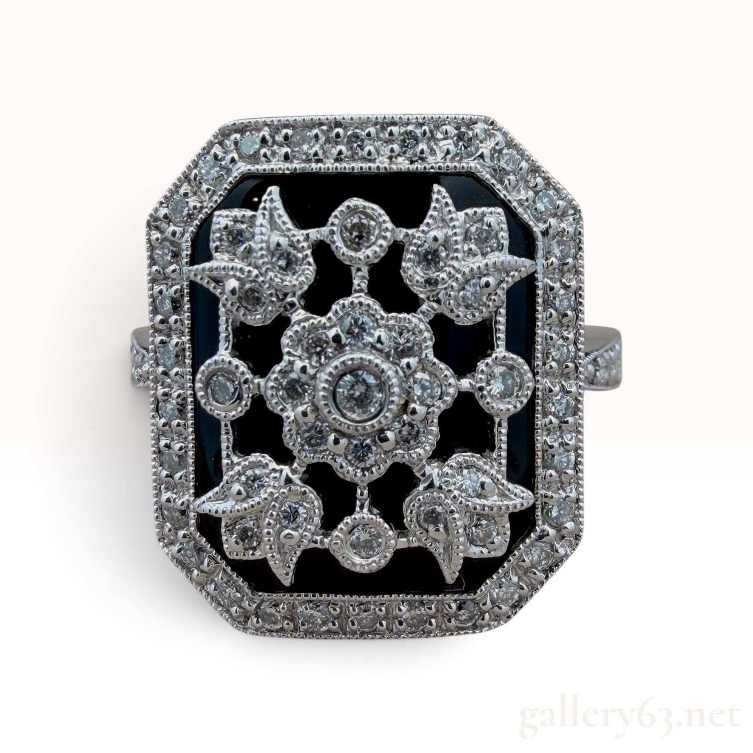 14k White Gold Onyx and Diamond Ring