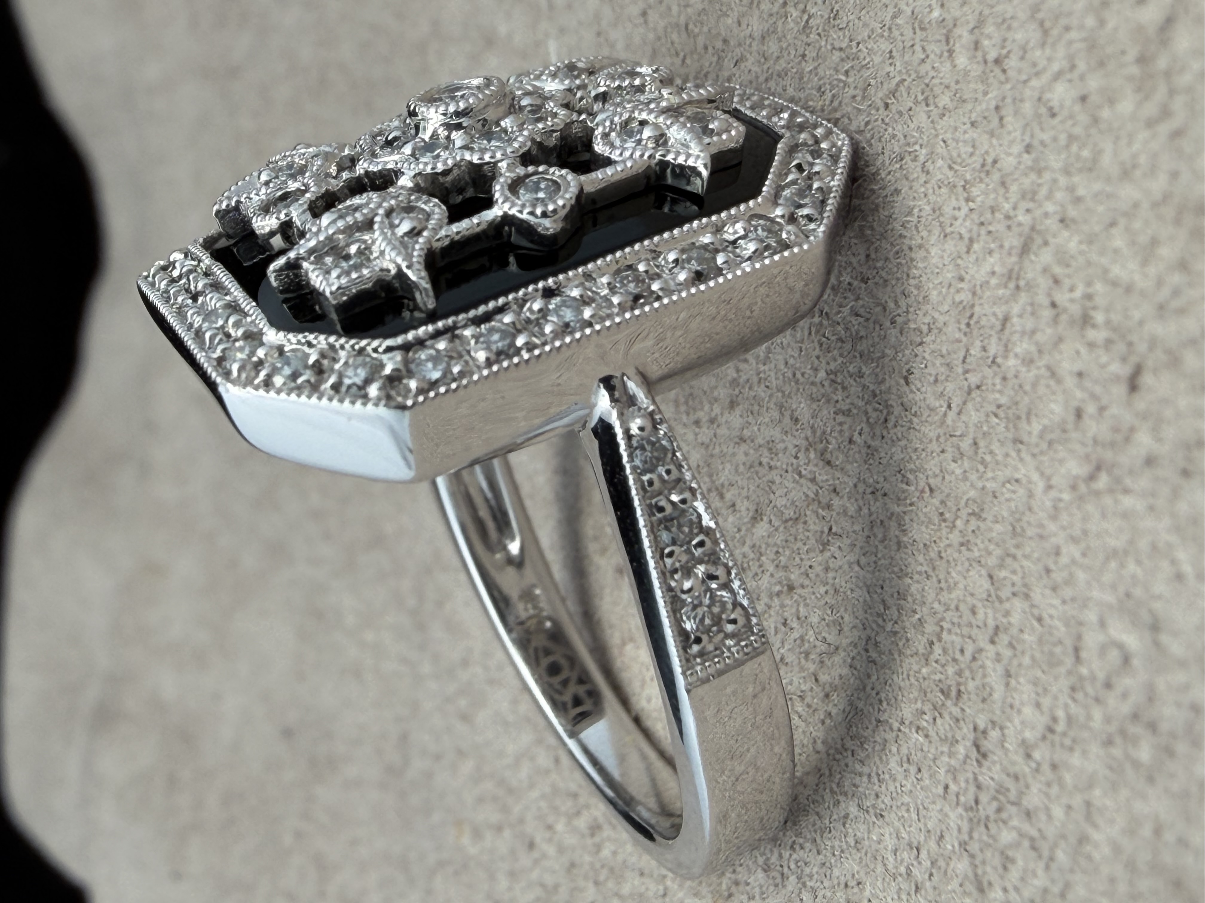 14k White Gold Onyx and Diamond Ring