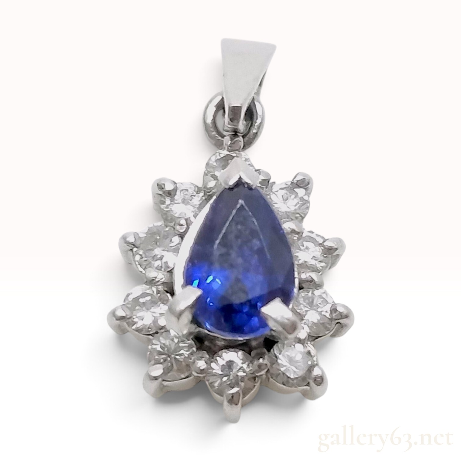 Platinum Pear Cut Sapphire and Diamond Cluster Pendant