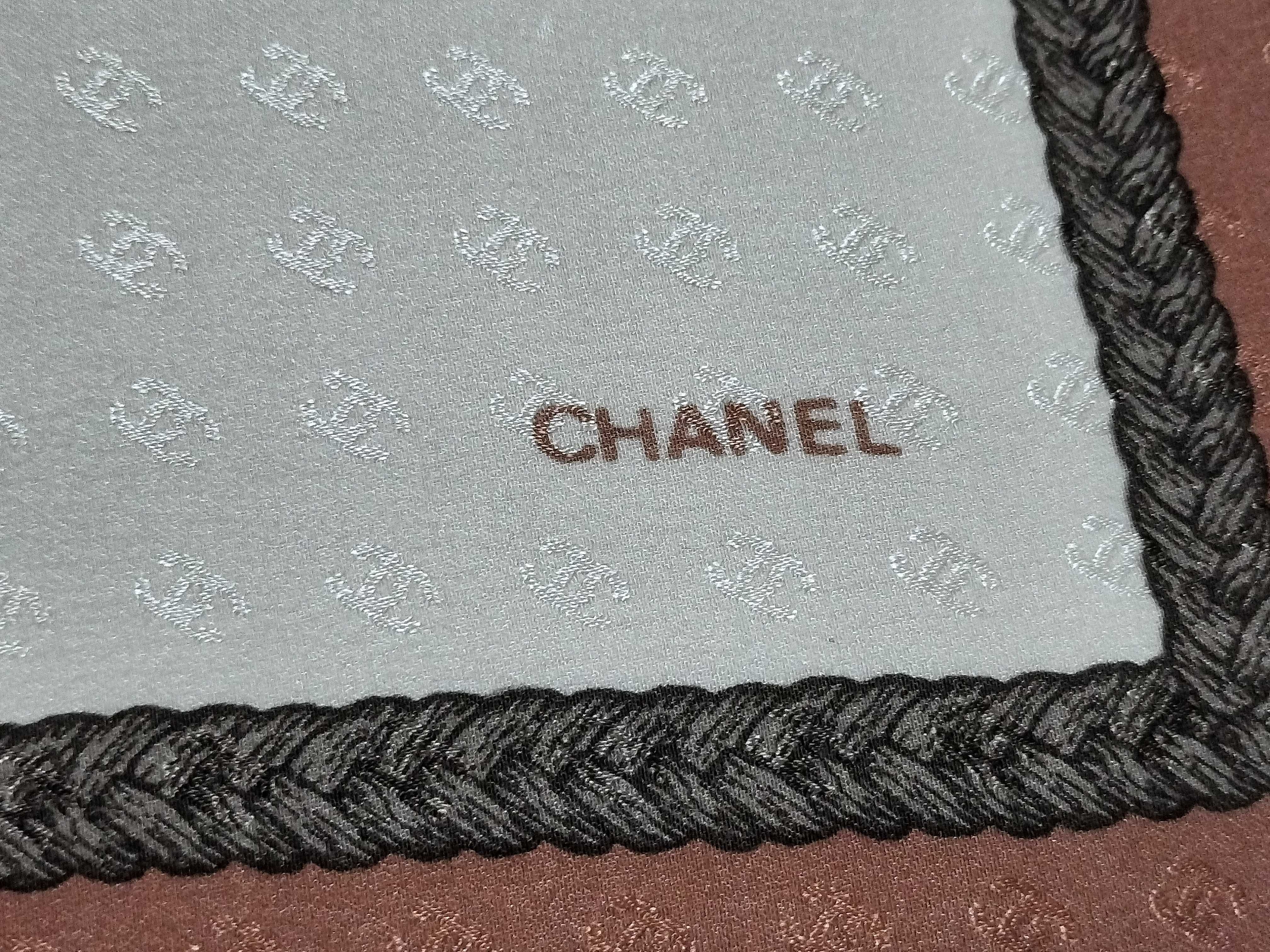 Chanel Silk Jacquard Square Scarf with Tonal CC Logo and Braided Rope Border