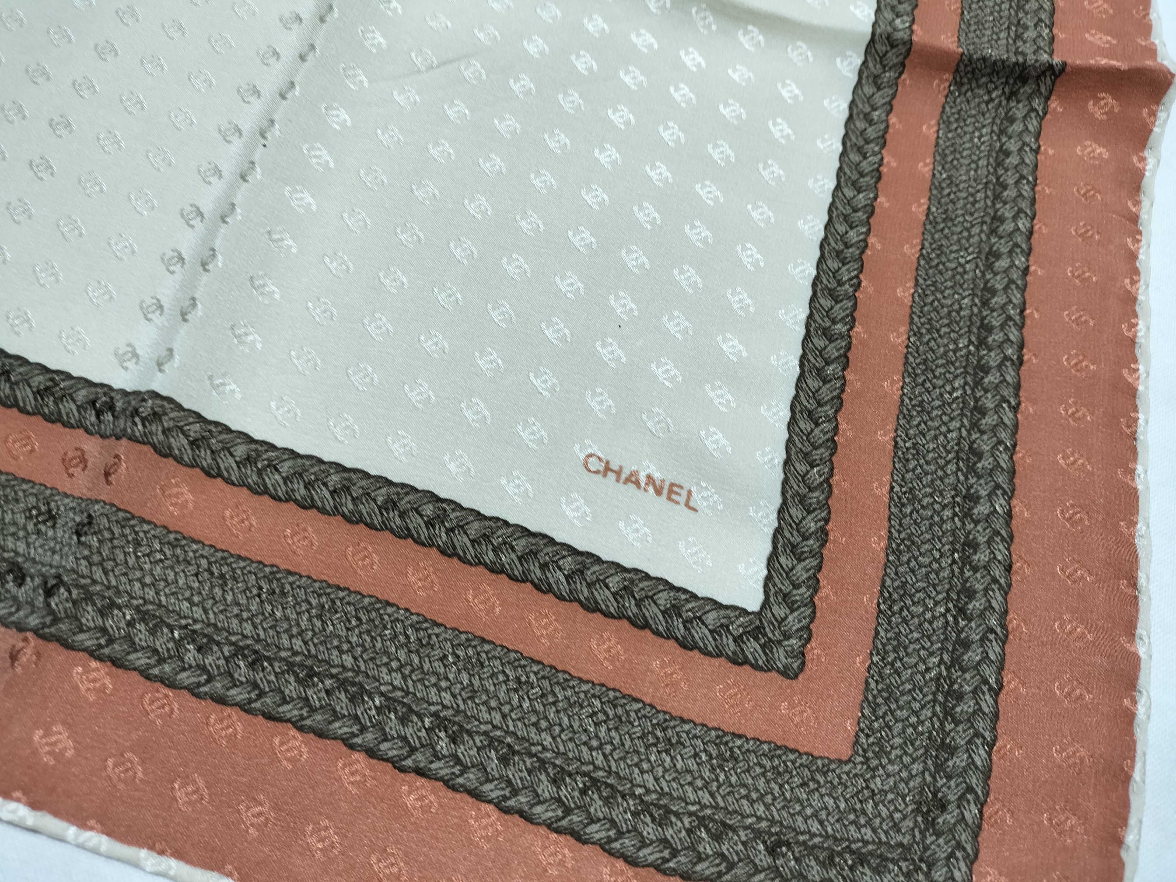 Chanel Silk Jacquard Square Scarf with Tonal CC Logo and Braided Rope Border