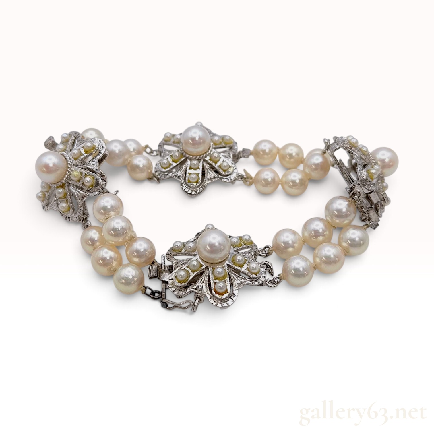 Vintage Double Strand Cultured Pearl and Silver Floral Motif Bracelet
