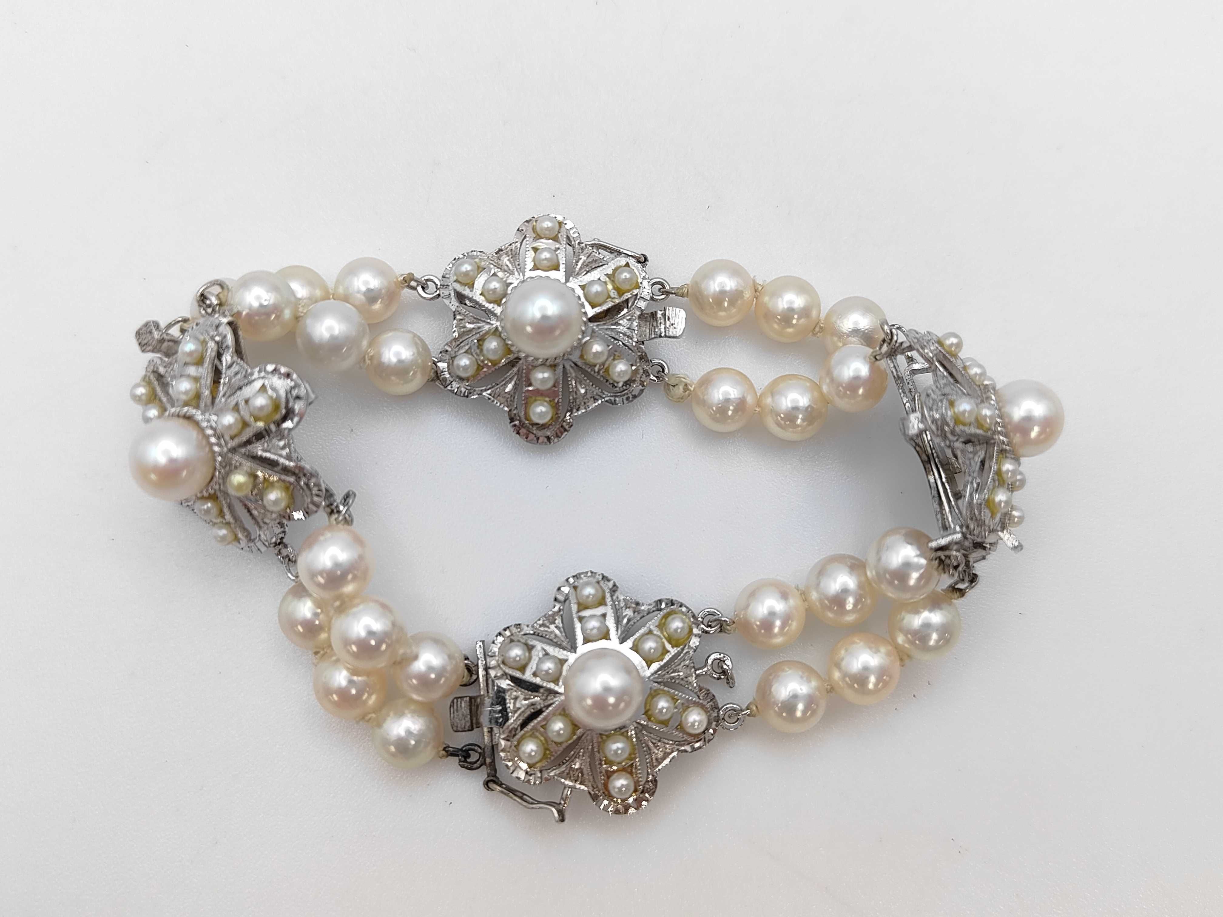 Vintage Double Strand Cultured Pearl and Silver Floral Motif Bracelet