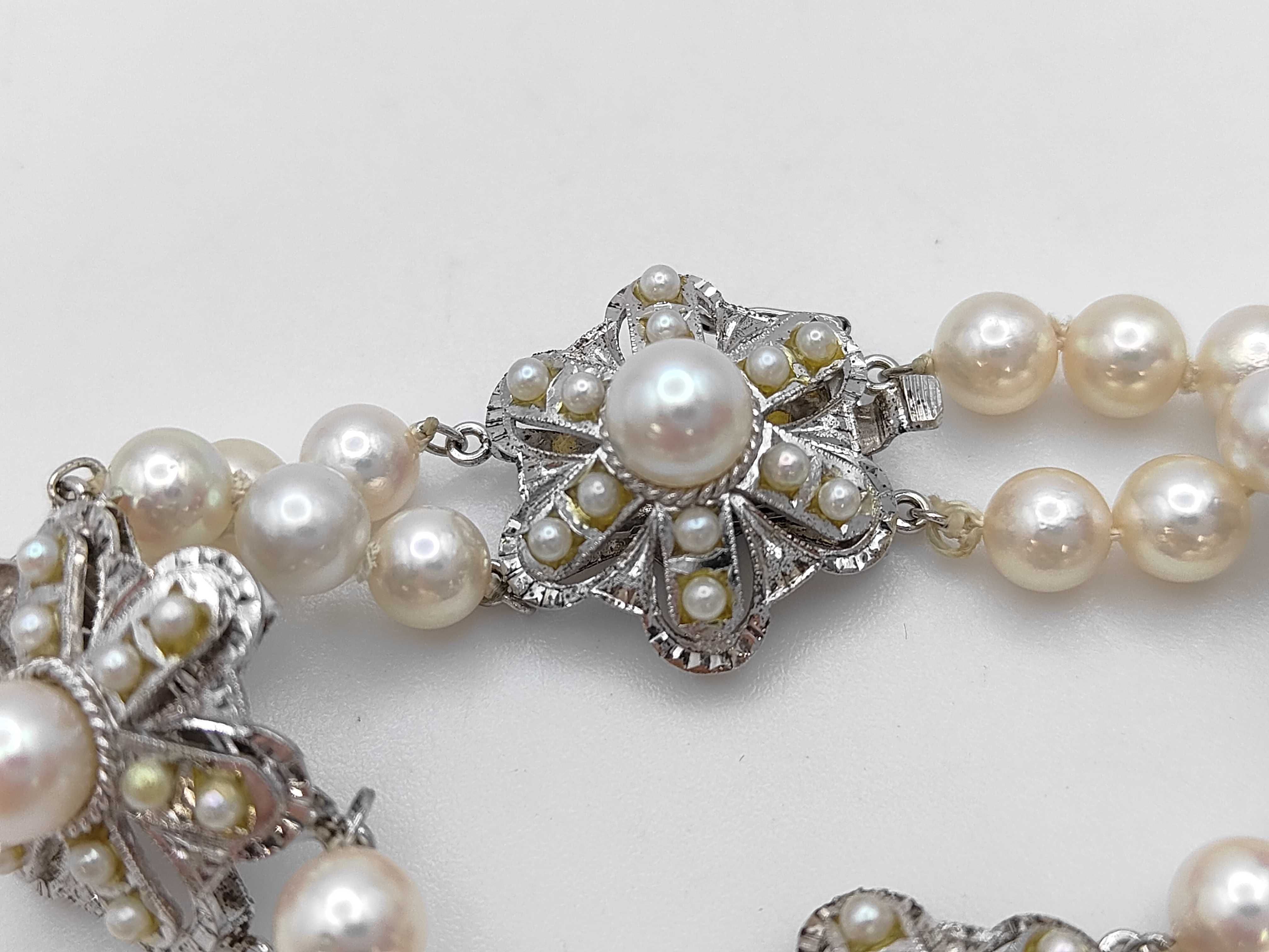 Vintage Double Strand Cultured Pearl and Silver Floral Motif Bracelet