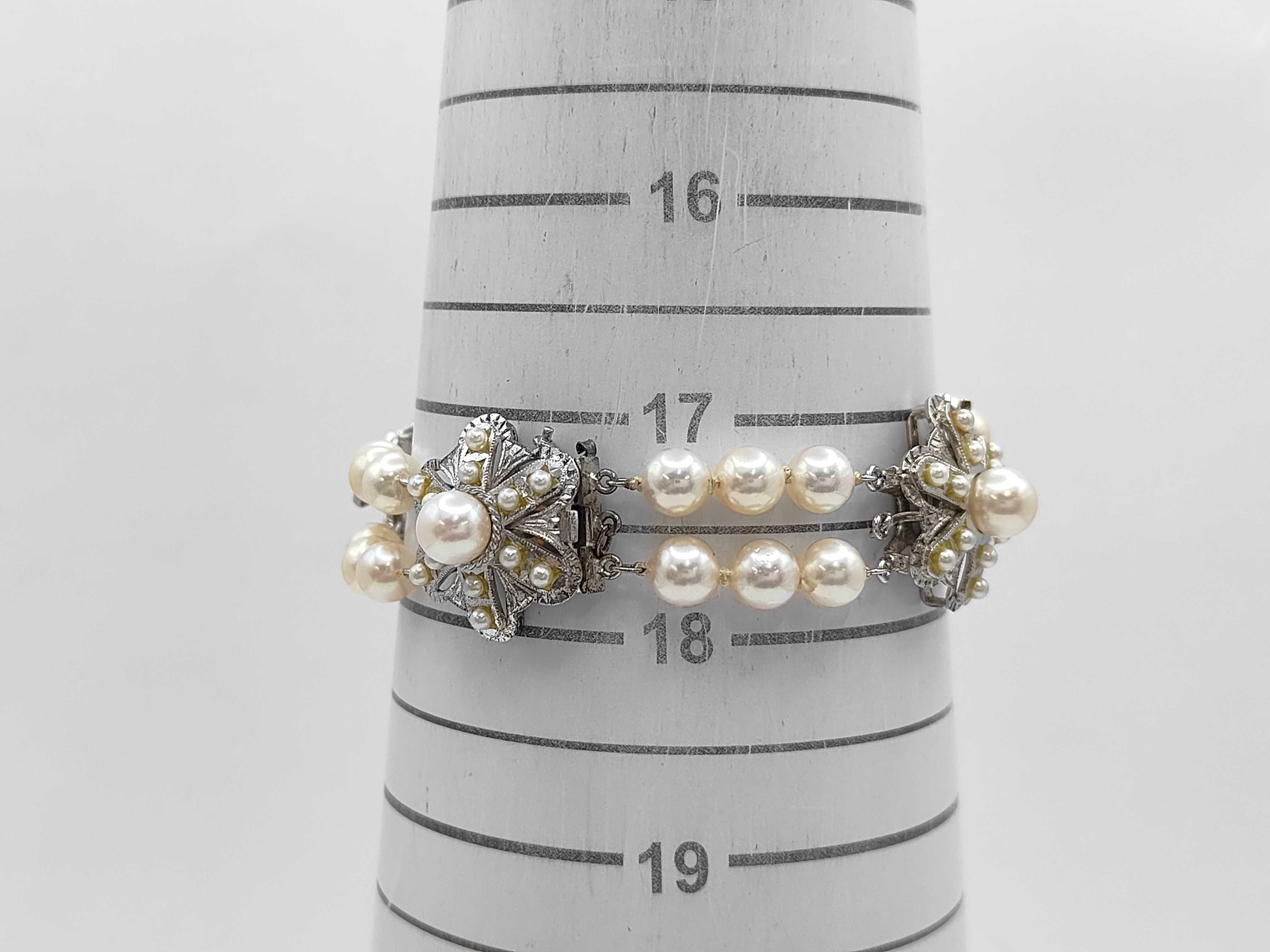 Vintage Double Strand Cultured Pearl and Silver Floral Motif Bracelet