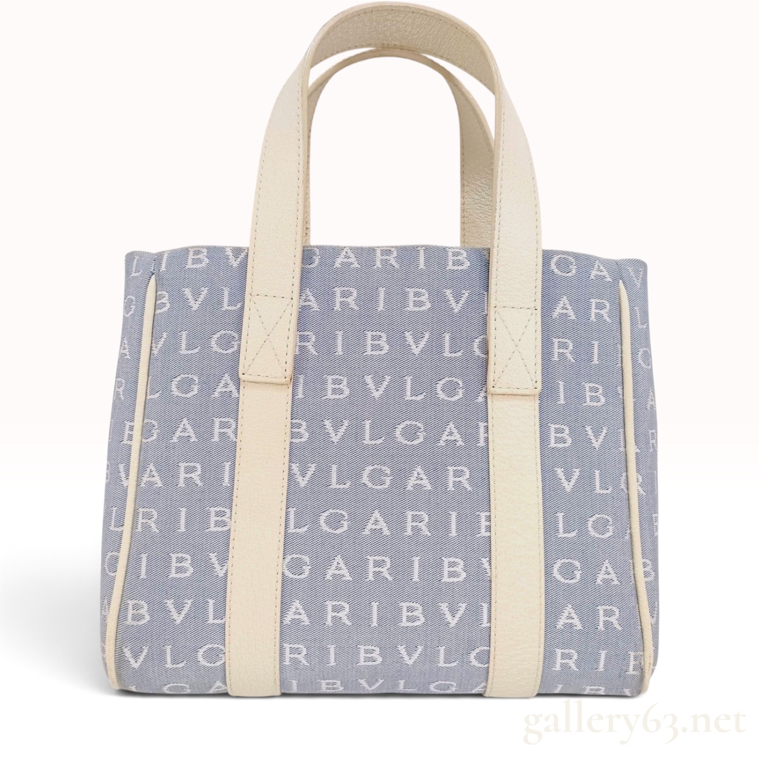 Bvlgari Logomania Mini Tote Bag in Blue Denim Jacquard and Cream Leather