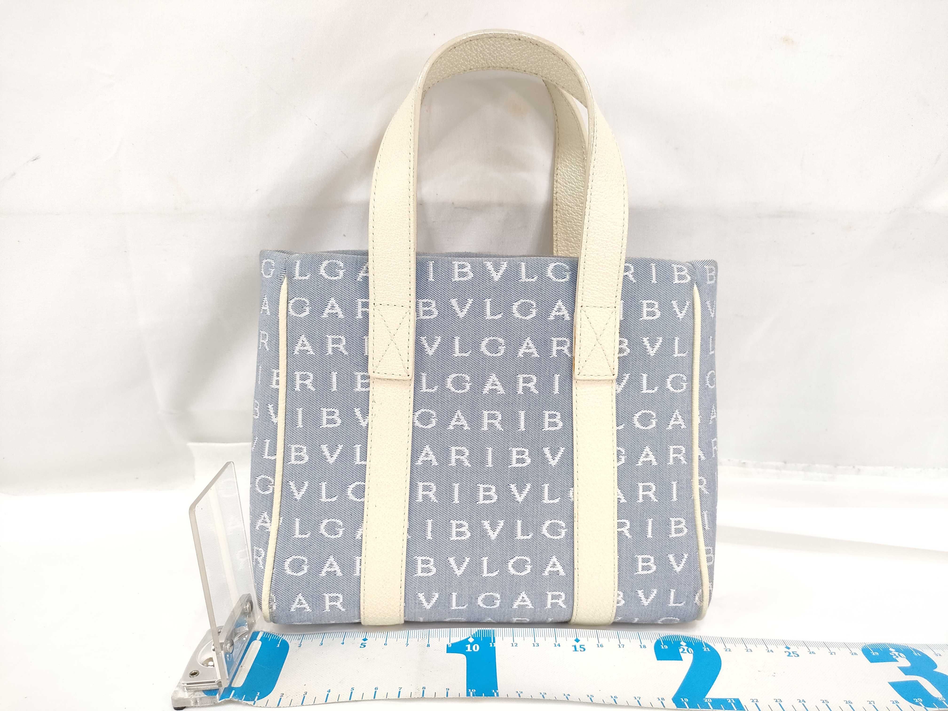 Bvlgari Logomania Mini Tote Bag in Blue Denim Jacquard and Cream Leather