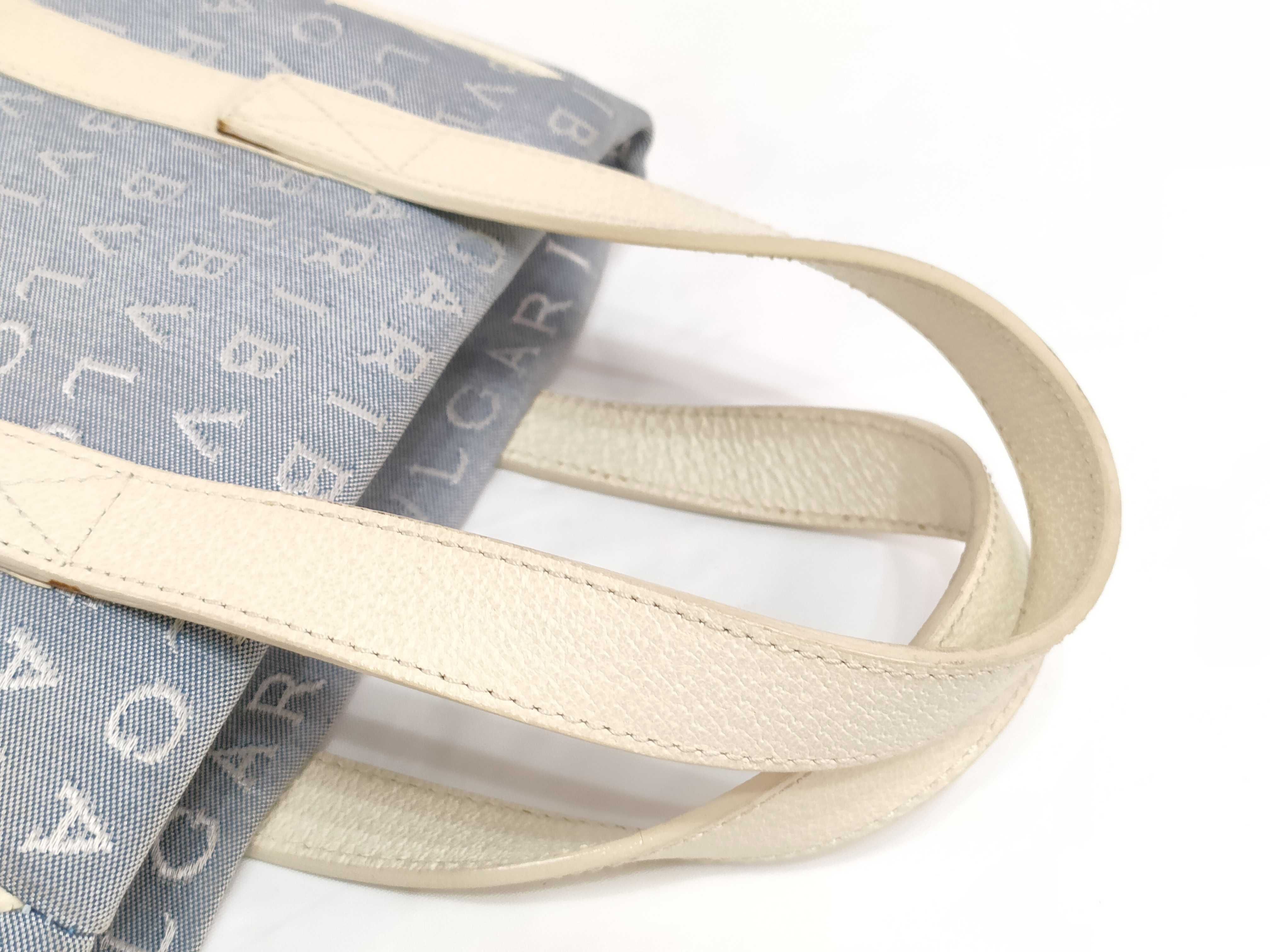 Bvlgari Logomania Mini Tote Bag in Blue Denim Jacquard and Cream Leather