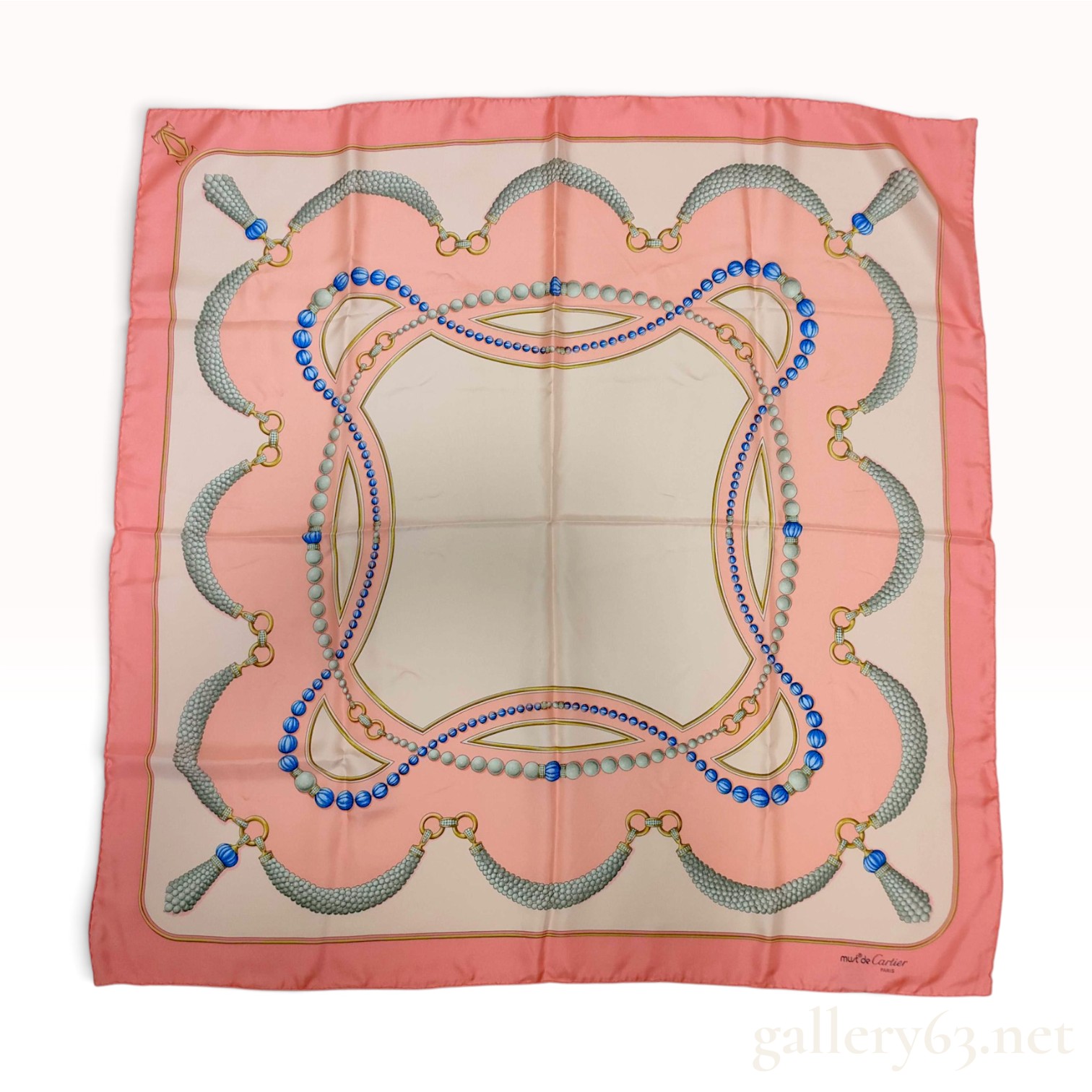 Must de Cartier Pearl and Blue Bead Jewelry Motif Silk Scarf