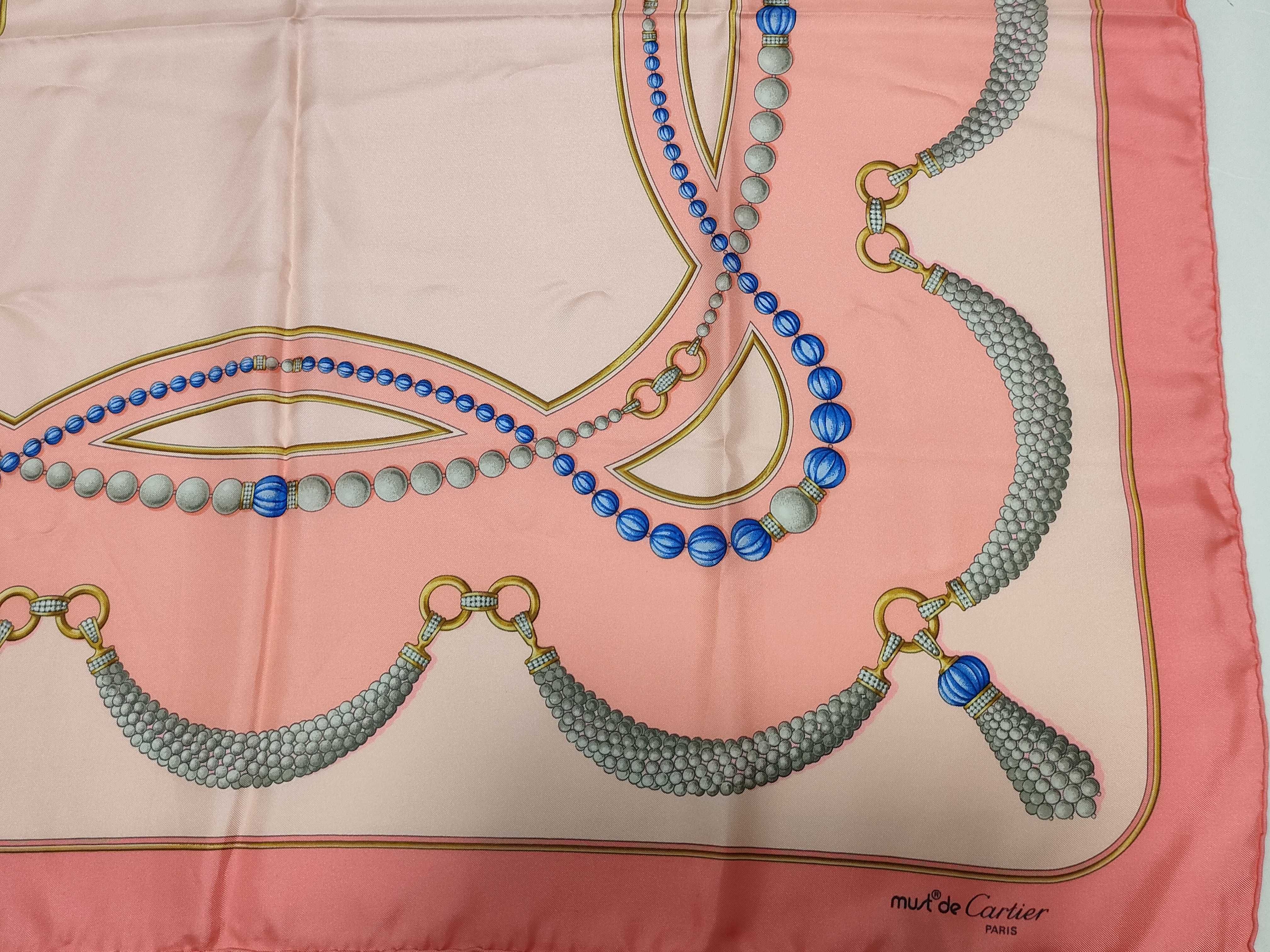 Must de Cartier Pearl and Blue Bead Jewelry Motif Silk Scarf