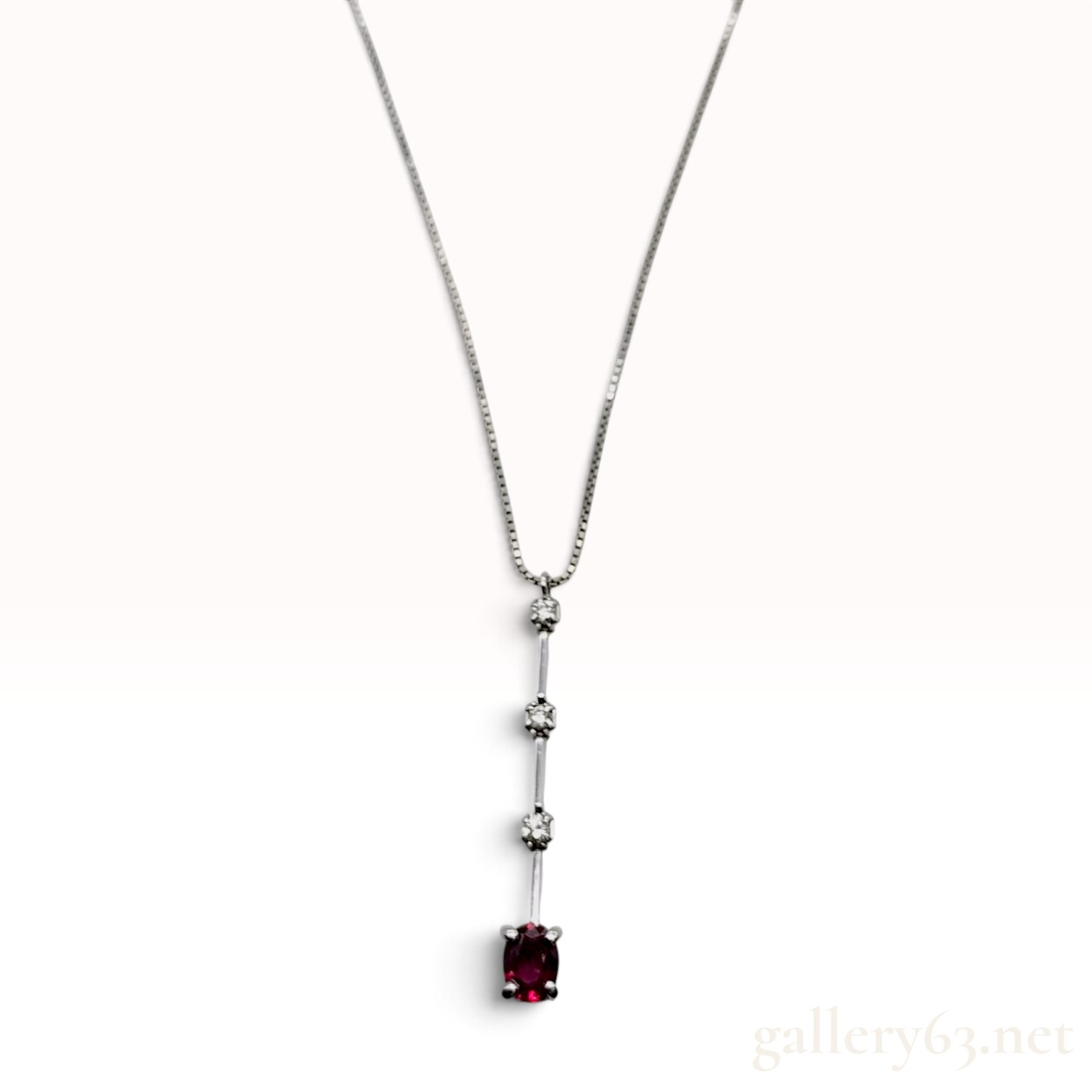 18K White Gold 0.34 Carat Ruby and 0.06 Carat Diamond Linear Drop Pendant Necklace