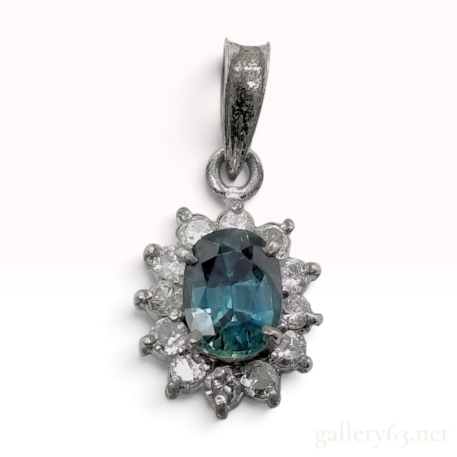 Vintage 0.51 Carat Teal Sapphire and Diamond Halo Pendant in Pt850 Platinum