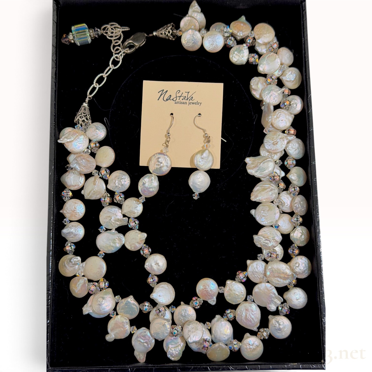 Estate Sterling Silver Coin Pearl Necklace & Earrings Set
