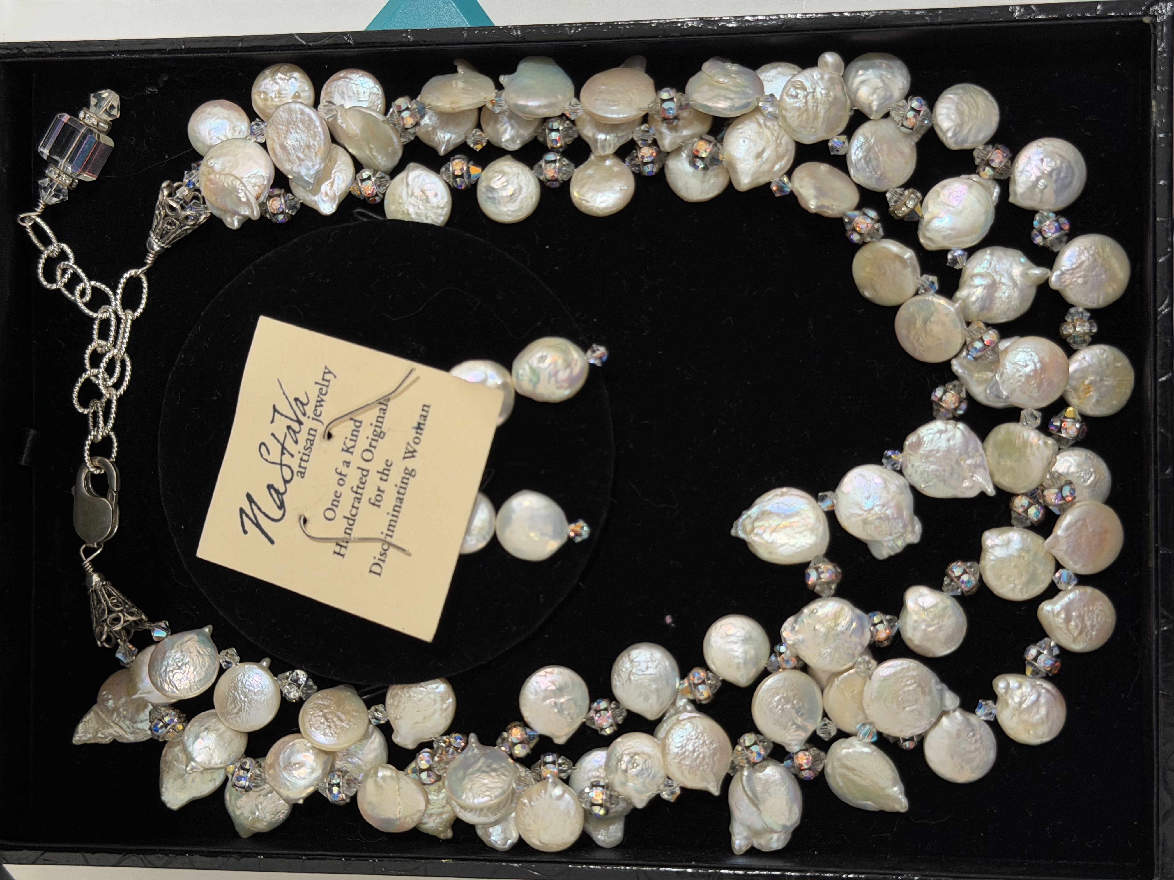 Estate Sterling Silver Coin Pearl Necklace & Earrings Set