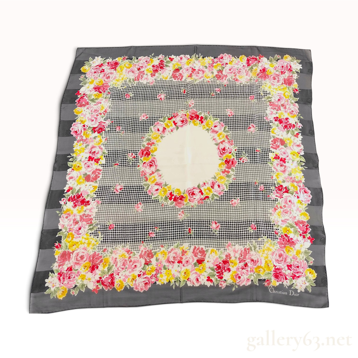 Christian Dior Floral and Houndstooth Silk Square Scarf