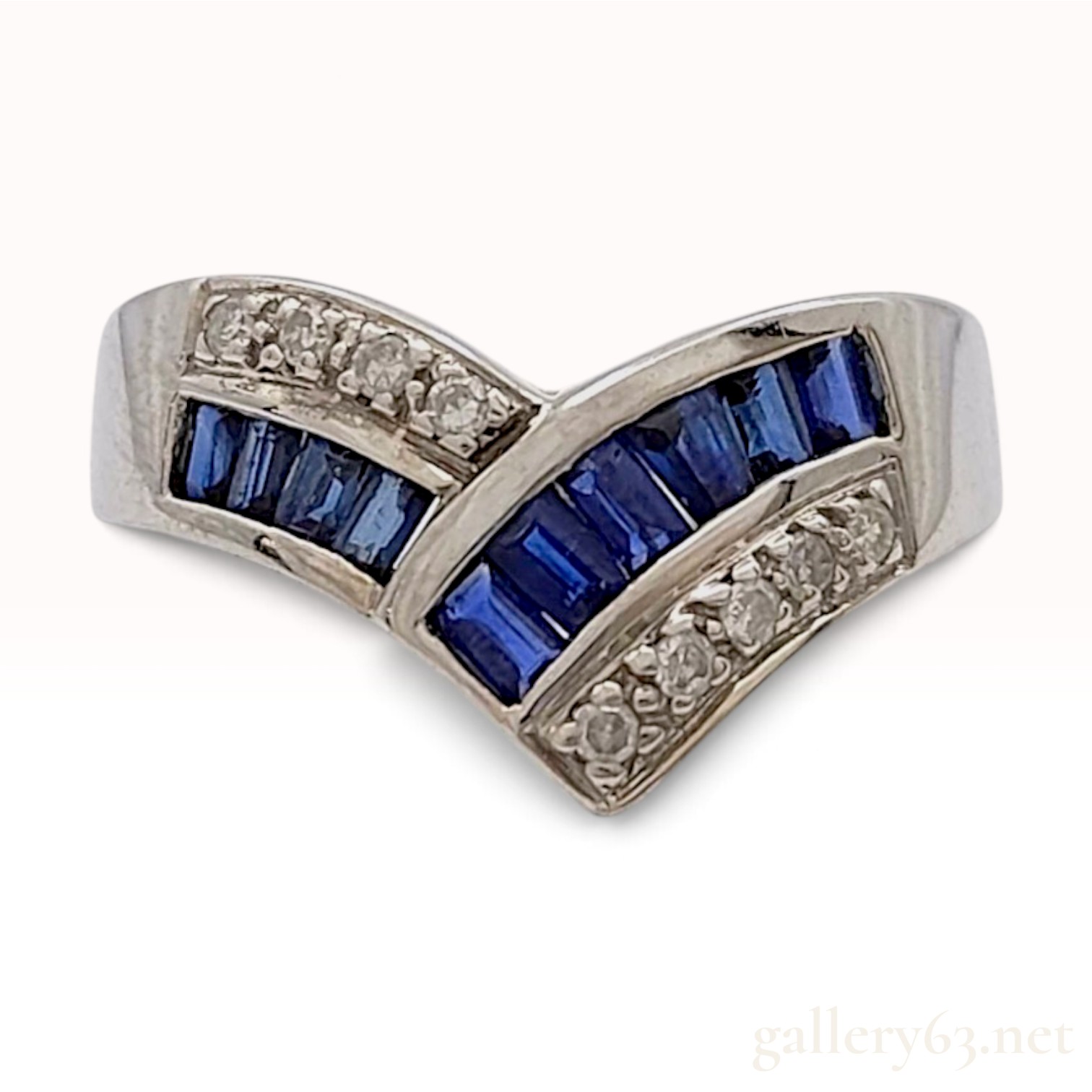 Miyako 14 Karat White Gold Sapphire and Diamond Chevron Ring