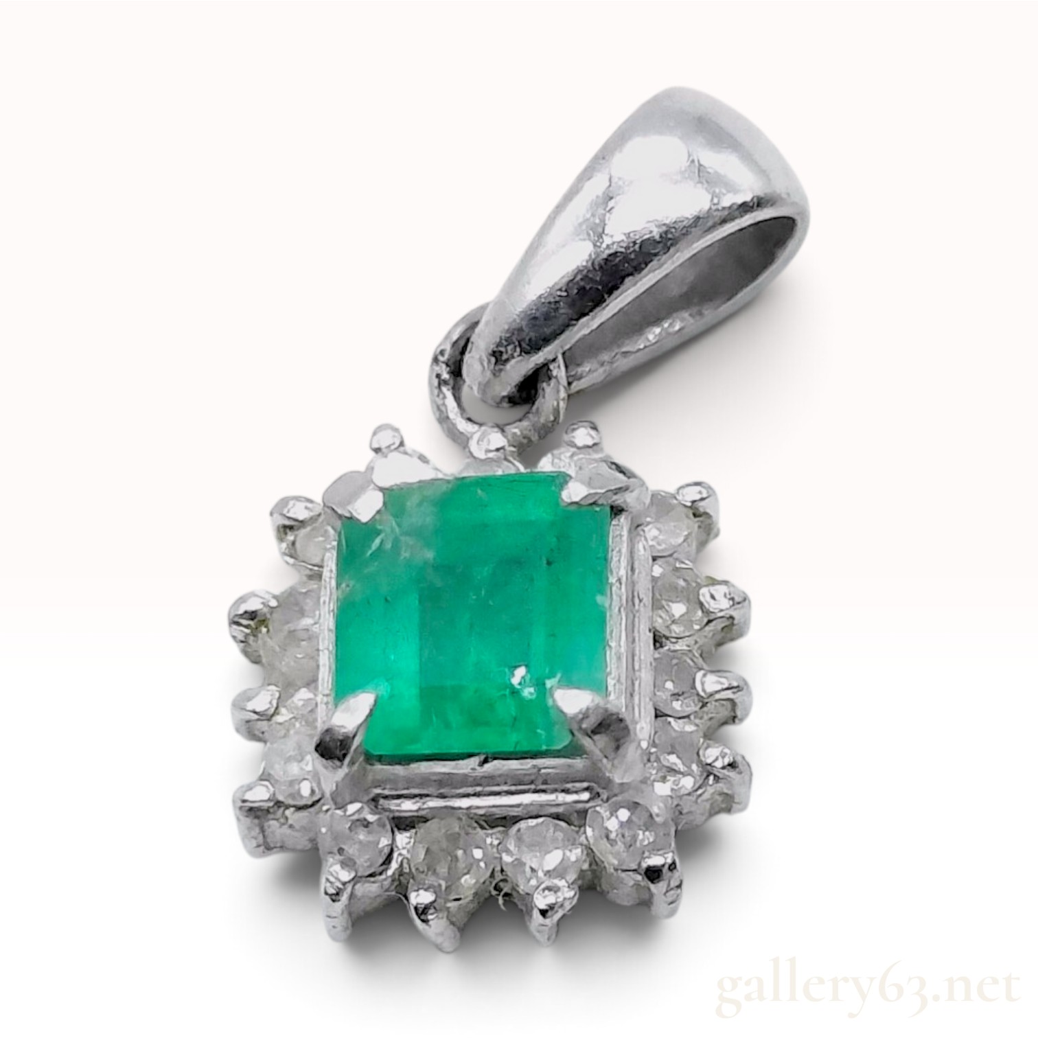 Platinum Emerald and Diamond Halo Pendant