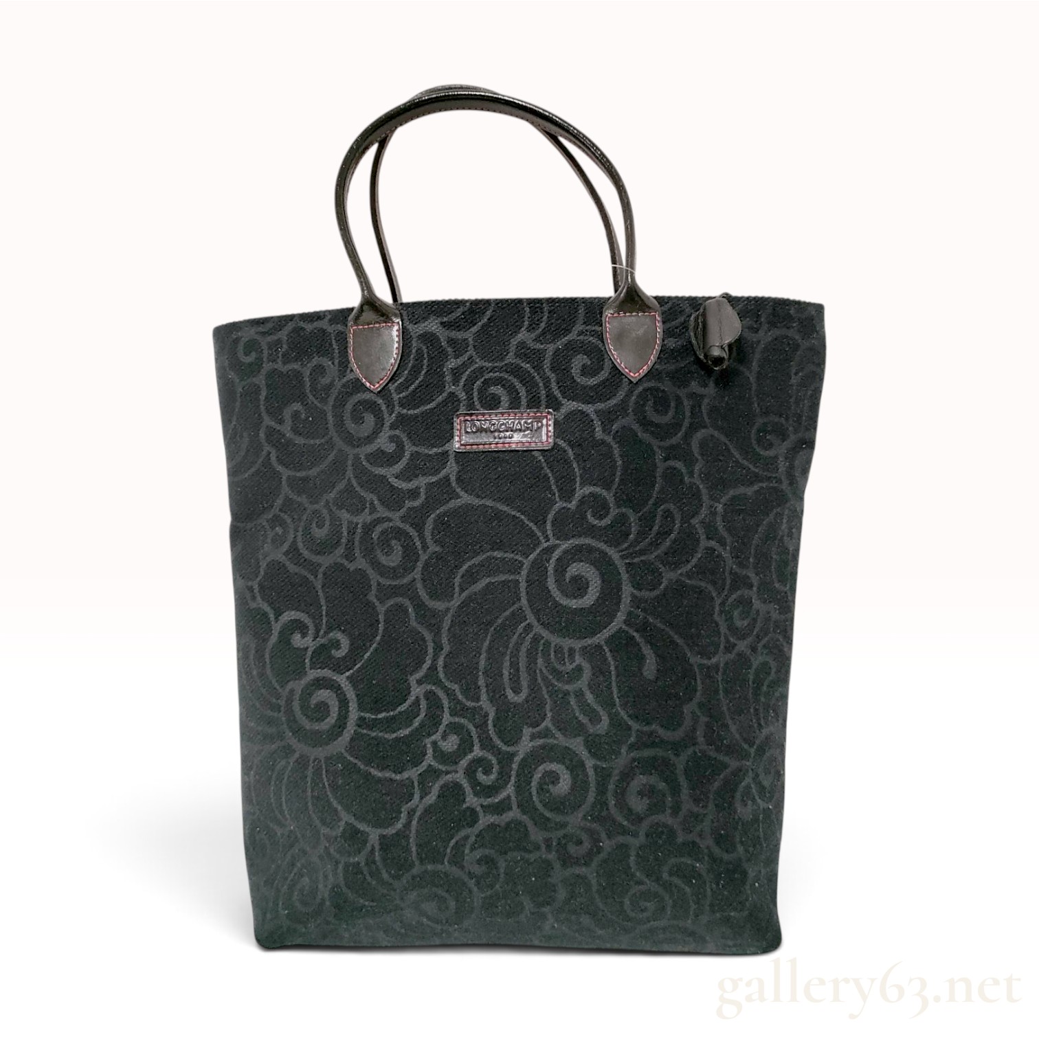 Longchamp Black Flocked Floral Textile Tote Bag